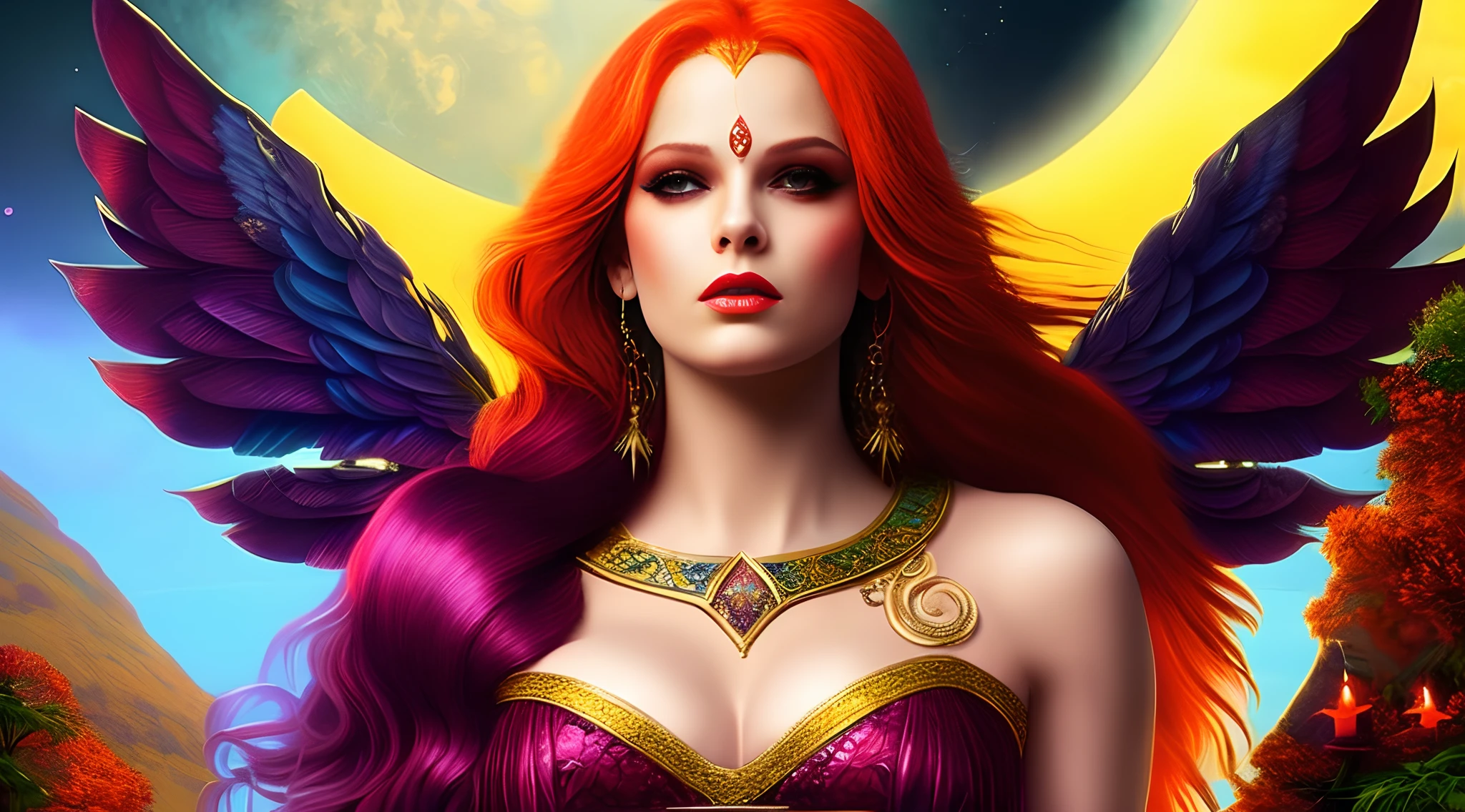 "Behold the crimson-metal red winged woman angel with white hair, piercing crimson eyes, and pale skin standing amidst the twilight. Every detail of this mythical creature has been captured in extreme quality, from the tattooed bodies to the ultra-detailed face, all rendered in ultra HD 8k digital art with unmatched precision and digitality. The dark lightning that surrounds this magnificent being adds to the sense of awe and wonder. This is not just any digital art portrait, but a concept art masterpiece by Greg Rutkowski, also known as artgerm, renowned for his hyperdetailed and intricately detailed gothic art style. The use of triadic colours adds to the fantastical and otherworldly nature of the piece, with intricate details that make it a true splash screen. The complementary colours and intricate details make this fantasy concept art a gothic