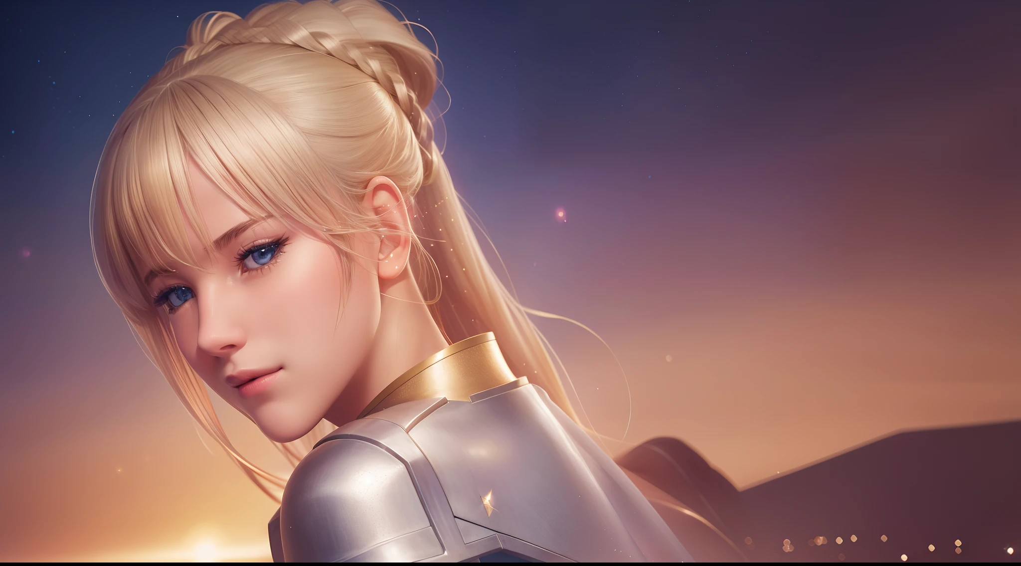 (1 girl, slim body, blushing face, wearing armor, sparkling eyes, ponytail blonde hair, praire background), nice perfect face with soft skin, intricate detail, 8k resolution, masterpiece, 8k resolution photorealistic masterpiece, professional photography, natural lighting, detailed texture,