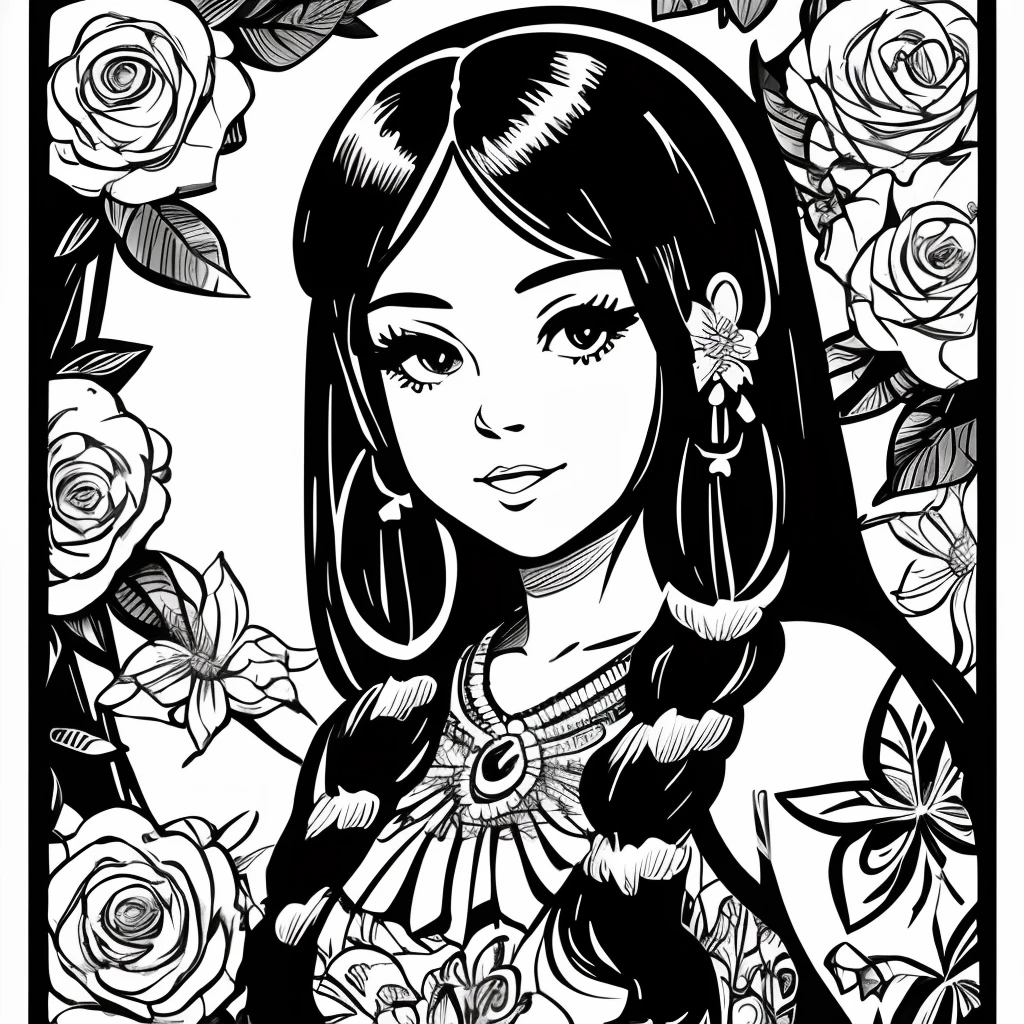 Black and white stick figure 1 girl with roses flowers in background, loli in dress with flowers, its fine ink line art, comic style, portrait of polynesian girl, Marilyn Munroe, Hollywood glam, beautiful line art, black and white comic style, manga style, manga art style, pencil and ink caricature drawing, black and white coloring