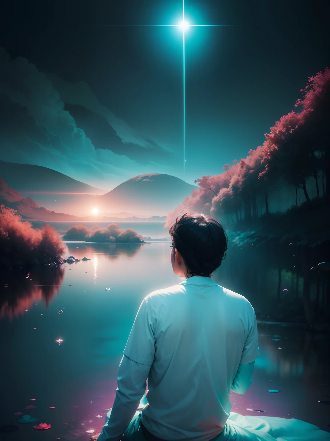 Transform a serene, everyday portrait into a vibrant and surreal masterpiece. Enhance the colors, add dreamy lighting effects, and create an otherworldly atmosphere while keeping the face of the subject untouched.