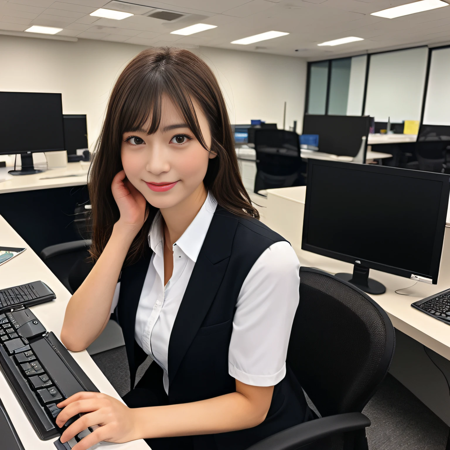 (Best quality, 8K, 32K, Masterpiece, hyper HD:1.2),Photo of Pretty Japanese woman in the, 1girll, (medium-short dark brown hair), 二重まぶた, Office formal attire, Work on the desktop, Typing keyboard, Office, Look at the computer screen