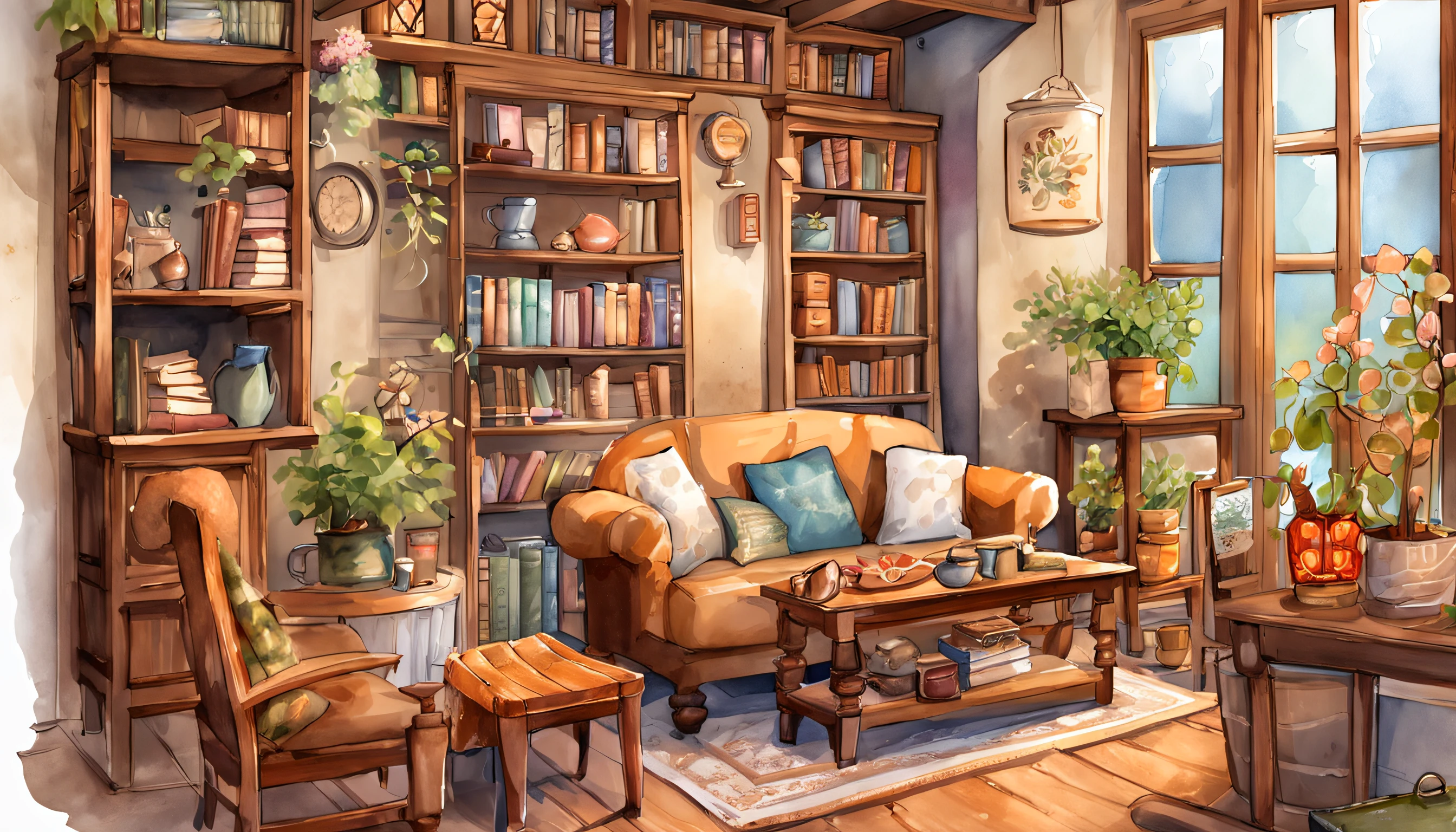 There is a living room，There are a lot of books on the shelves, cozy cafe background, cozy place, cozy environment, designed for cozy aesthetics, Relaxing concept art, cozy home background, Cozy atmosphere, pleasant cozy atmosphere, highly detailed scenario, a multidimensional cozy tavern, cozy and peaceful atmosphere, cozy living room background, cozy environment, cosy atmoshpere, highly detailed environments