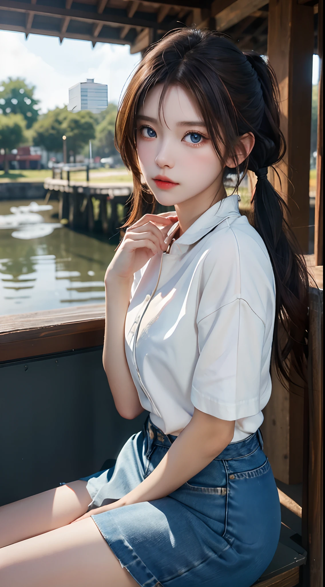 (Highest quality, A high resolution, Masterpiece:1.3) Dusk, Sunset, A girl, 19years old, short cut, pony tails, White shirt, White sneakers, Denim miniskirt, hentail realism, ultra - detailed, MuCoi, Rest sit on the riverbank, Hold your cheeks with both hands, Upper body, Face focus, looki at viewer, brunette color hair, Blue eyes, Break the dynamic light and shadow, A high resolution, foco nítido, depth of fields, A detailed eye