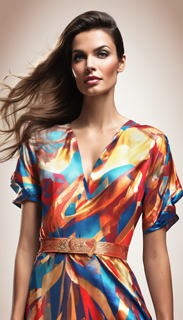 (handsome young woman silhouette, beautiful eyes, fancy modern haircut, wearing straight floor length dress made of a digital painting of Superman printed on silk), ((((full length shot)))), slightly smiling and posing, (((((white background)))))