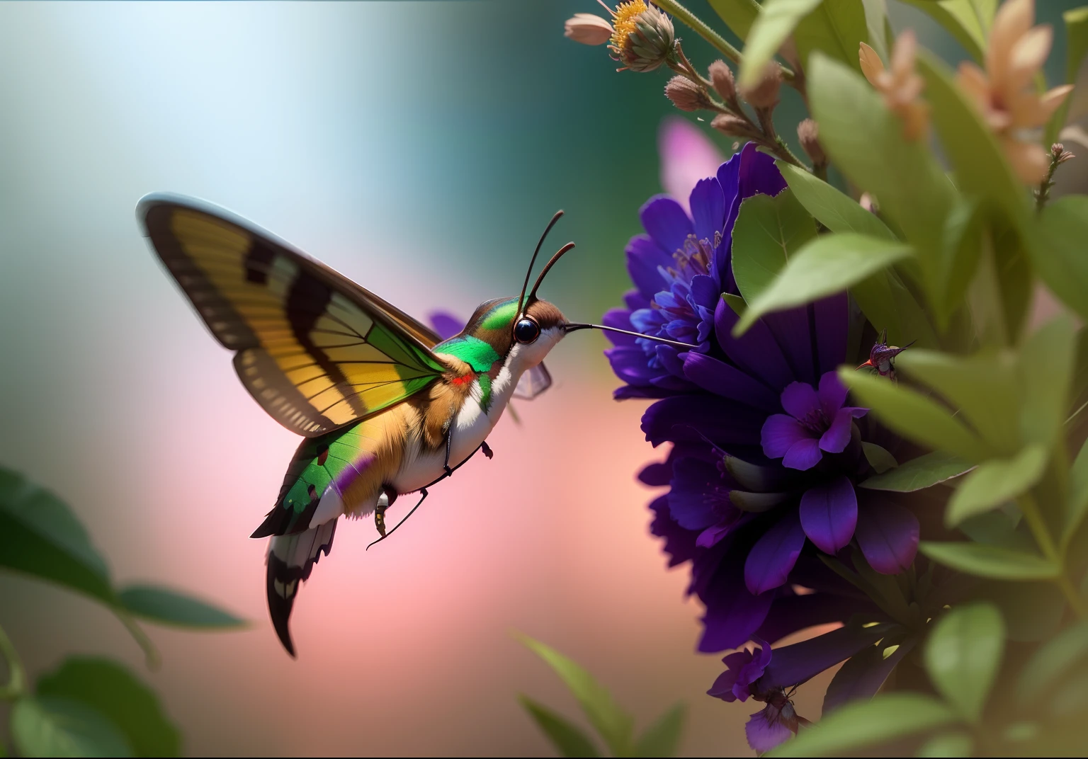 beautiful highly colorful hummingbird moth, drinking from a flower, 24k resolution photorealism hyper detail  jungle background slightly out of focus