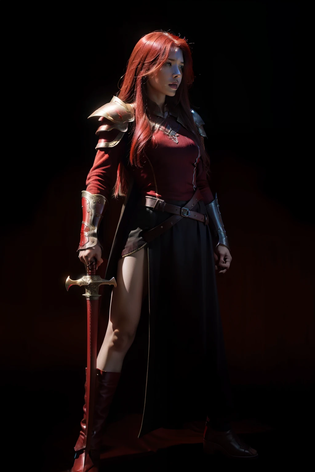 1girll,Red long-haired,Wearing red armor,Holding a long sword in his hand,Don't get angry,Fighting posture,Whole body diagram