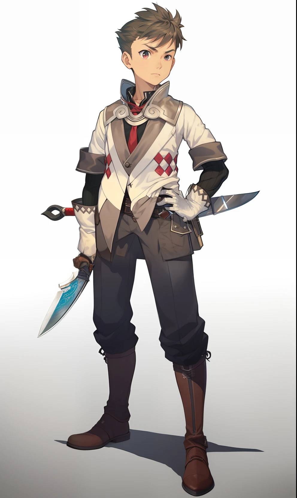 A close-up of a man holding a knife and a knife, ( ( concept art of character ) ), official character art, jrpg character, spears, inspired by Akihiko Yoshida, A scene from the《Chronicles of the Blade of the Other》, Main character, tetsuya nomura, jrpg character art, Character artwork, akihiko yoshida 8 k, style of kieran yanner, offcial art