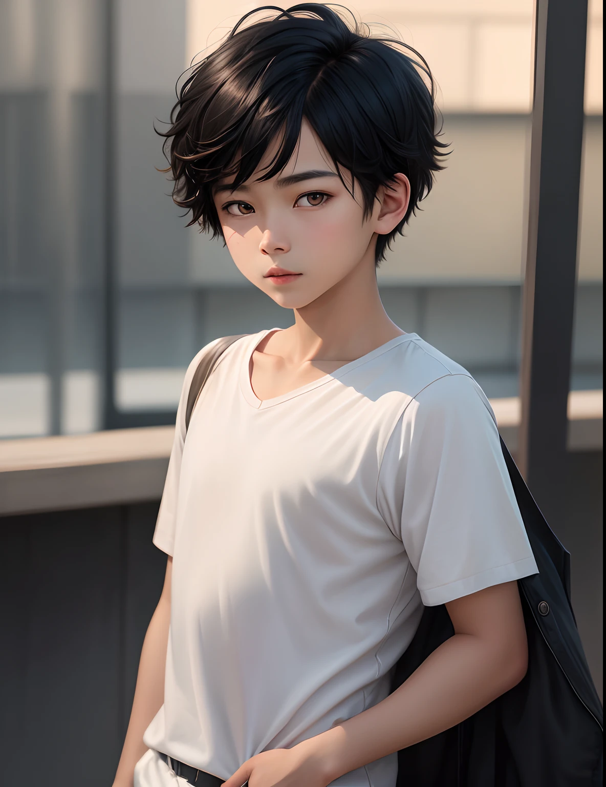 best qualtiy, tmasterpiece, 1boys, Fleshy face, (Dark glowing eyes), (Short black hair), (photograph realistic:1.3), edge lit, (highdetailskin:1.2), 8K UHD, digital SLR camera, high high quality, A high resolution, 4k, 8k,basketball Venues , absurderes,short detailed hair , Optimal proportions of four fingers and one thumb, (Realistis:1.2), Asian face ,1boy,