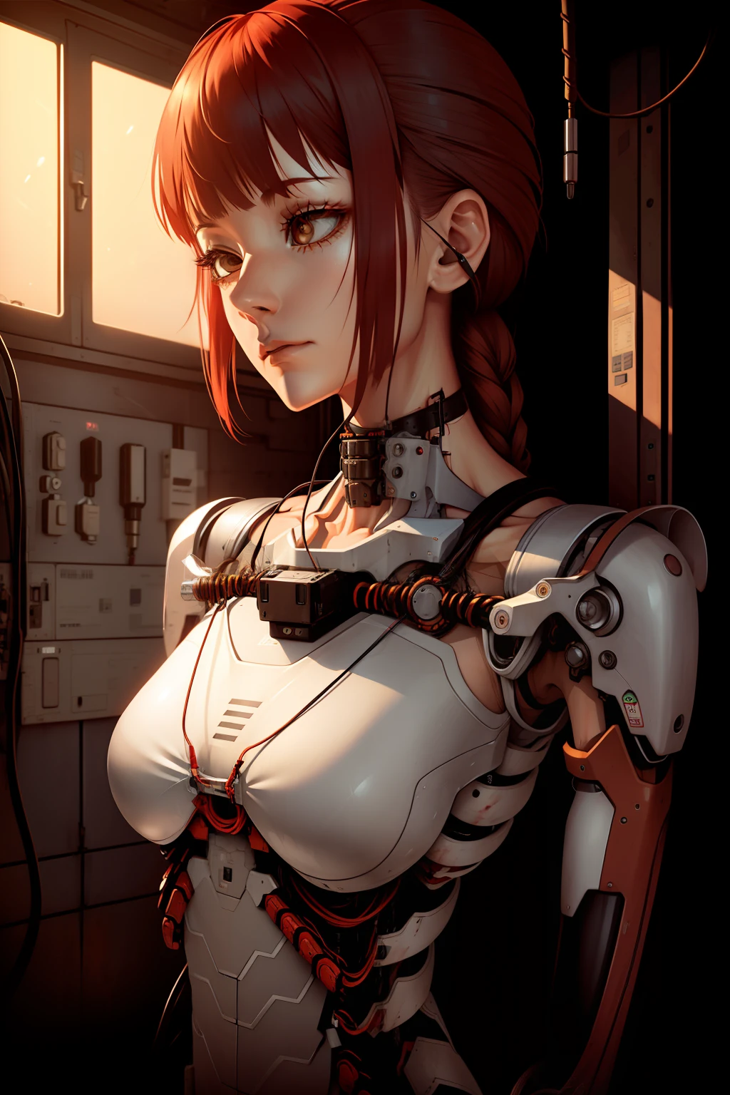 (1 mechanical girl)), solo person, full bodyesbian,(Machine-made joints:1.2),((Mechanical limb)),(Blood vessel attached to tube),(The mechanical spine is attached to the back),((The mechanical cervical vertebrae are attached to the neck)),(sitted),face expressionless,(Wires and cables around the neck:1.2),(wires and cables on head:1.2)(Character focus),sci-fy,Extremely fine,a color,most