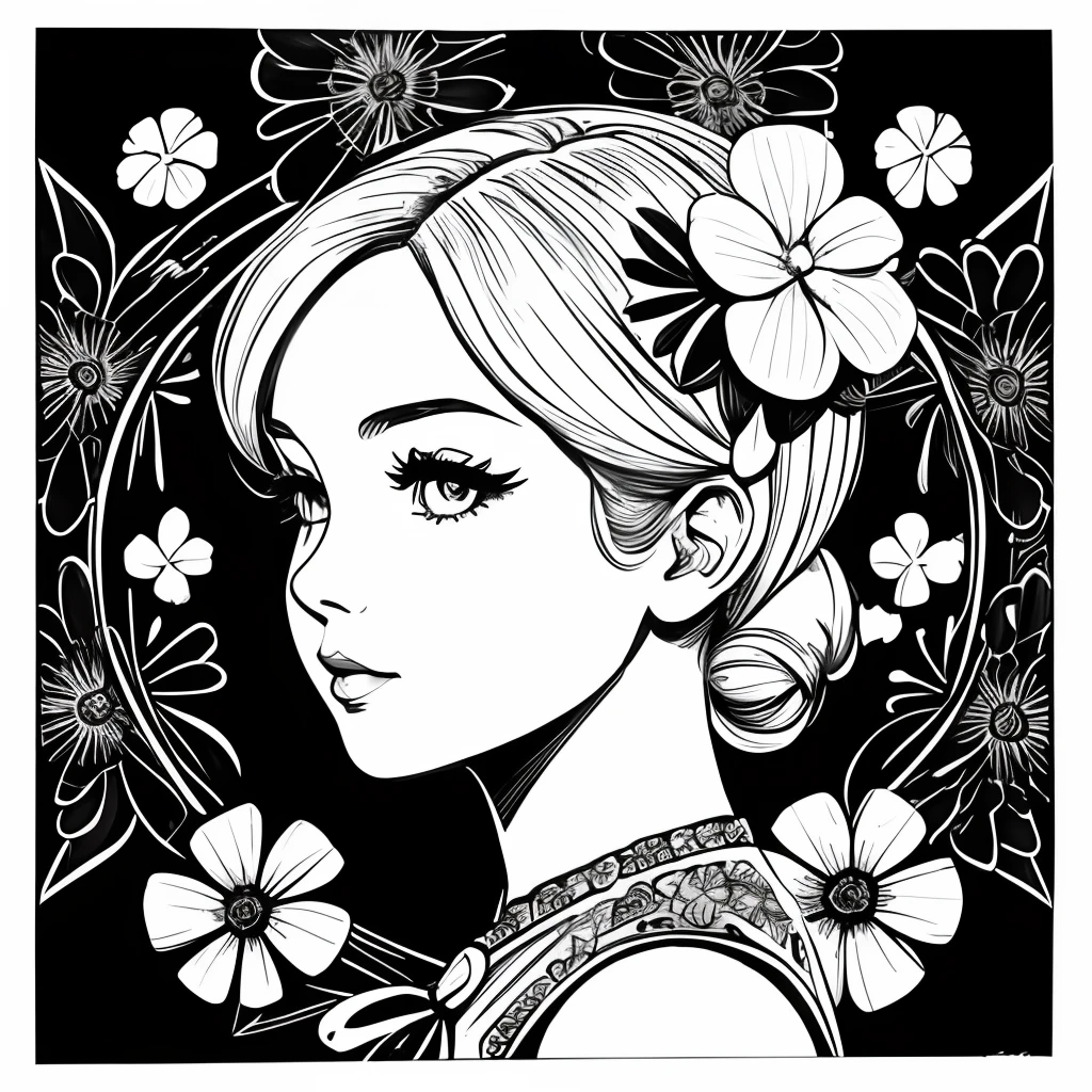 Black and white stick figure 1 girl with four leaf clover flower in background, loli in dress with flowers, its fine ink line art, comic style, portrait of ploynesian girl, Marilyn Munroe, Hollywood glam, beautiful line art, black and white comic style, manga style, manga art style, pencil and ink caricature drawing, black and white coloring