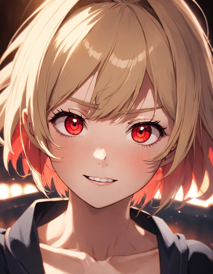 (best quality), (masterpiece), closeup, perfect lighting, (hair over one eye), perfect red eyes, (thick lips:1.3, slight smile:1), happy, , (blush:0.6), perfect lips, perfect face, 1girl, solo, looking at viewer, posing for portrait, jewelry, short chopped hair, dirty blonde hair, absurdres