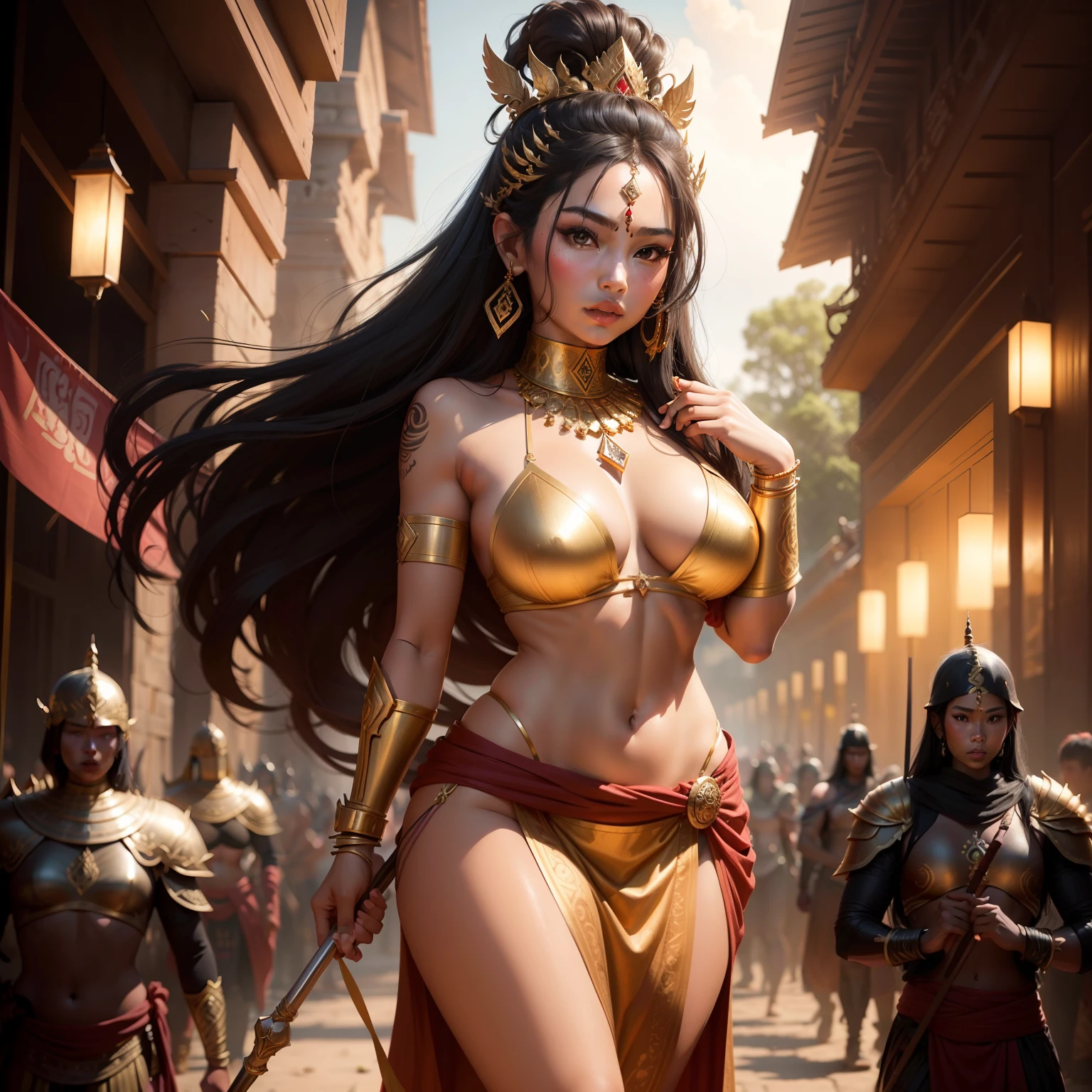 Female Khmer warrior, long black hair, dark brown tanned, Armour on, bangles, Angkor temple, full body, holding weapon, sexy tied hair up, crowd on the head, wearing jewelry, Sak yant tattoos on the arm, curvy body, wear red wrap sarong outfits, dark skinned, cute face, big lips, Diamond shape faces, wide nice nose, defined features on the face, apsara jewelry on, gold leaves jewelry, fighting at war, Armour bra top