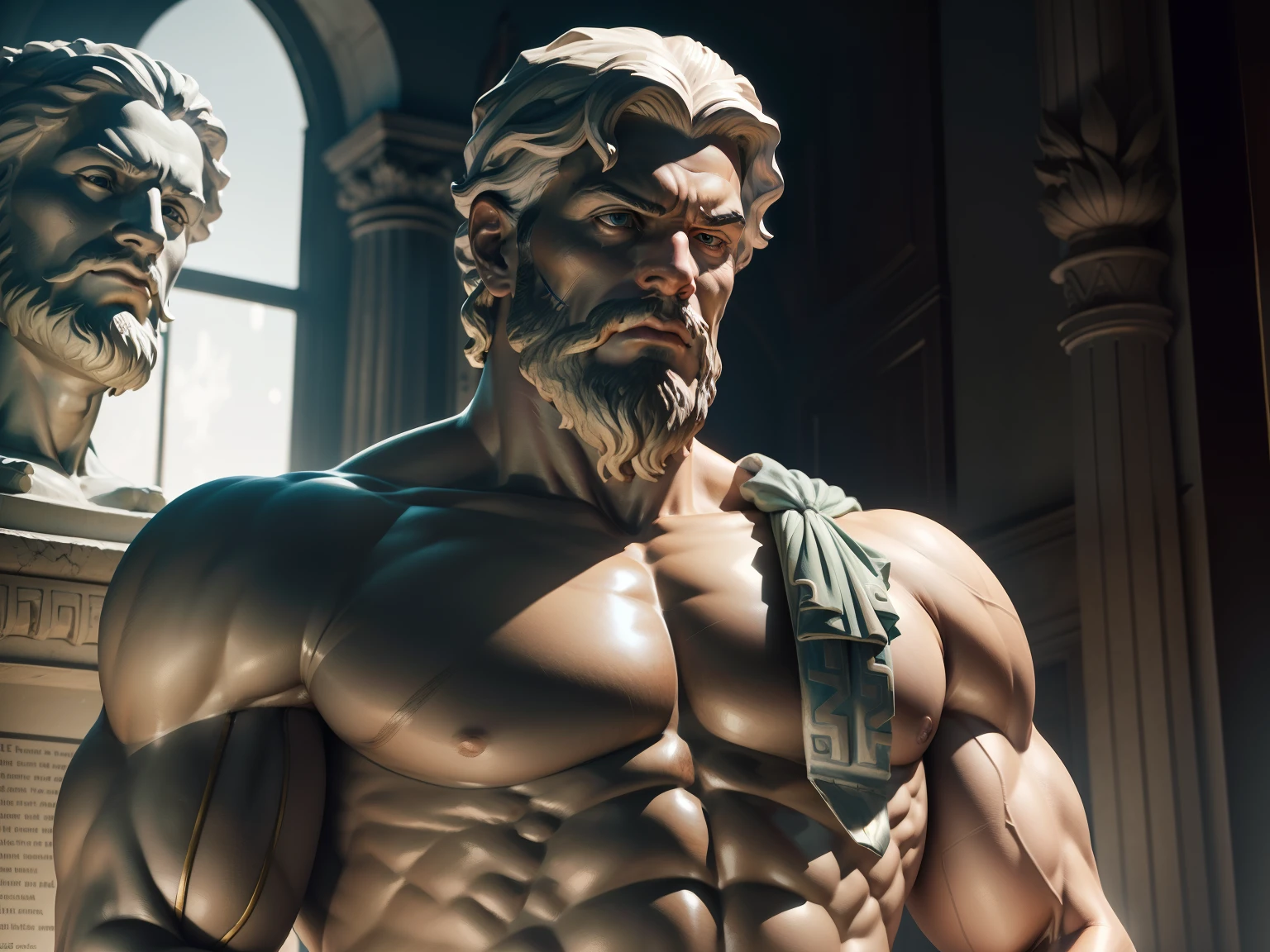 A statue of a muscular and realistic Greek man, Aristotle-type philosopher, vestindo uma toga, dark background , realist, cinematic, 8k.
