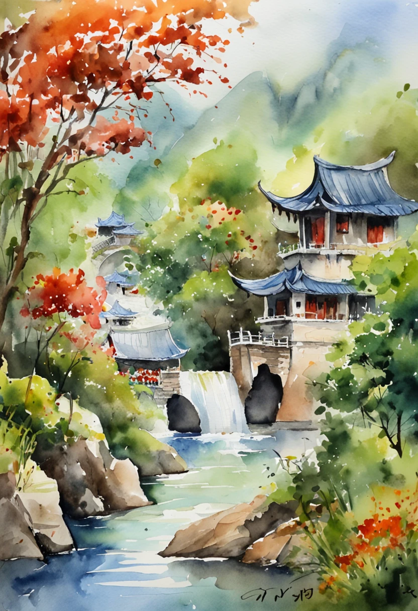 Guilin landscape。High hills。waterfallr。flowingwater。small bridges。house。