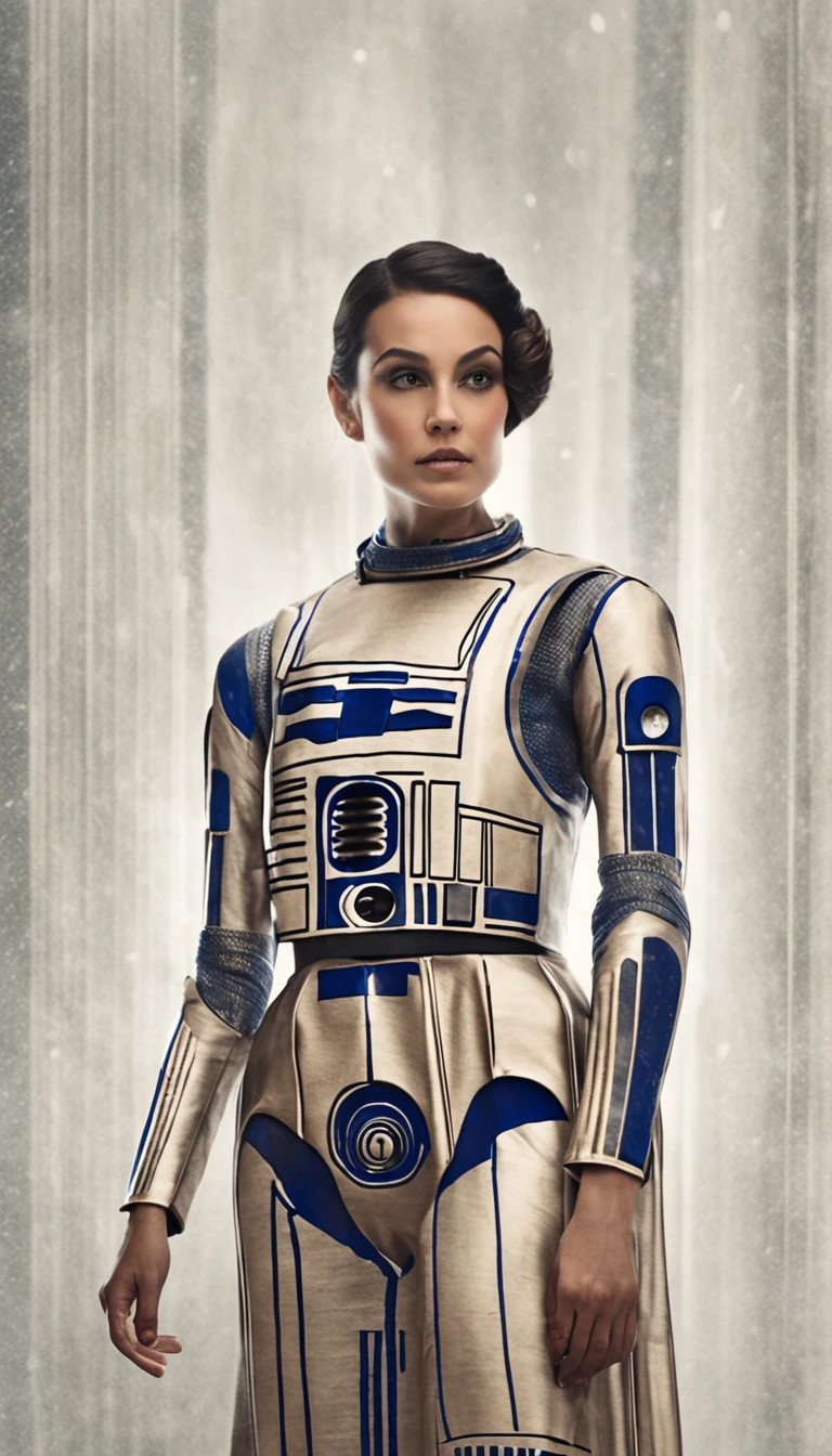 cinematic photo, (handsome charming young woman, wearing straight floor length dress made of a drawing of R2D2 printed on silk), full length shot, slightly smiling and posing, (((((neutral background))))). 35mm photograph, film, bokeh, professional, 4k, highly detailed