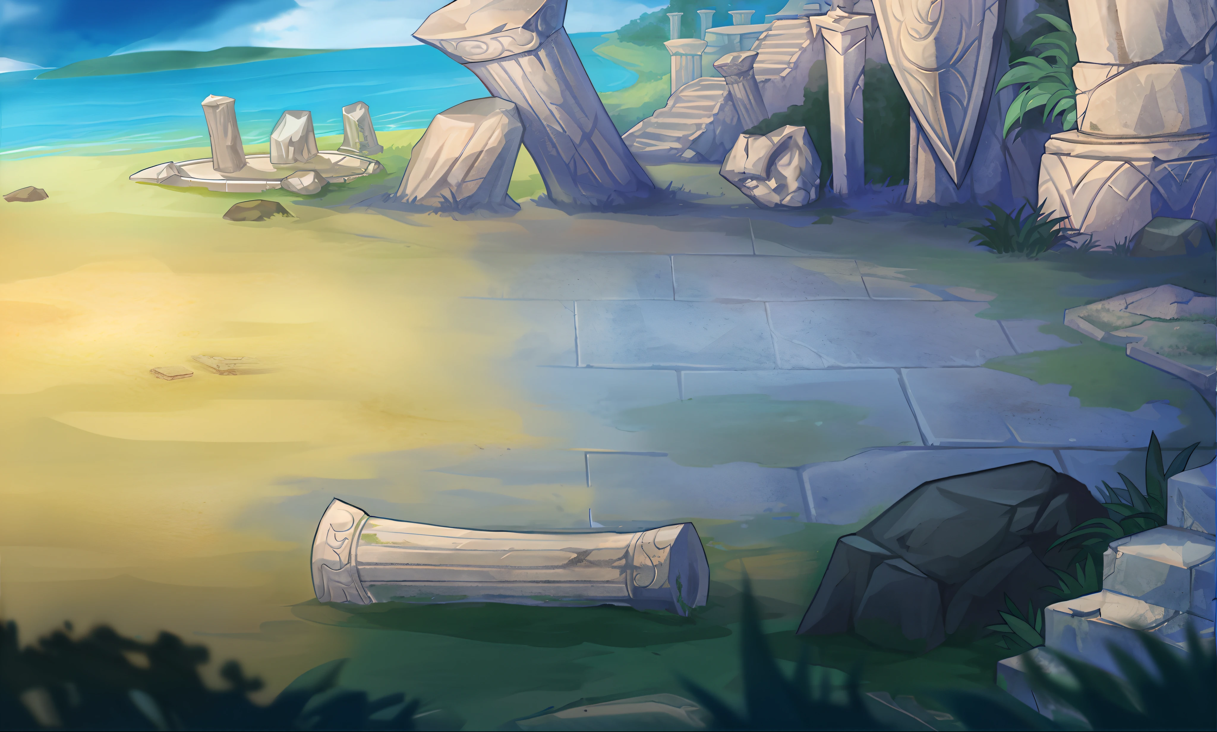 There is a cartoon picture of a stone road with a stone arch, ancient ruins background, odin's stone arena background, arena background, city ruins background, background is the ruins, ruins landscape, arte de fundo, Mobile game background, ruins on the background, background artwork, Ancient ruins, ancient ruins in the background, atlantis background, palace background, Temple background