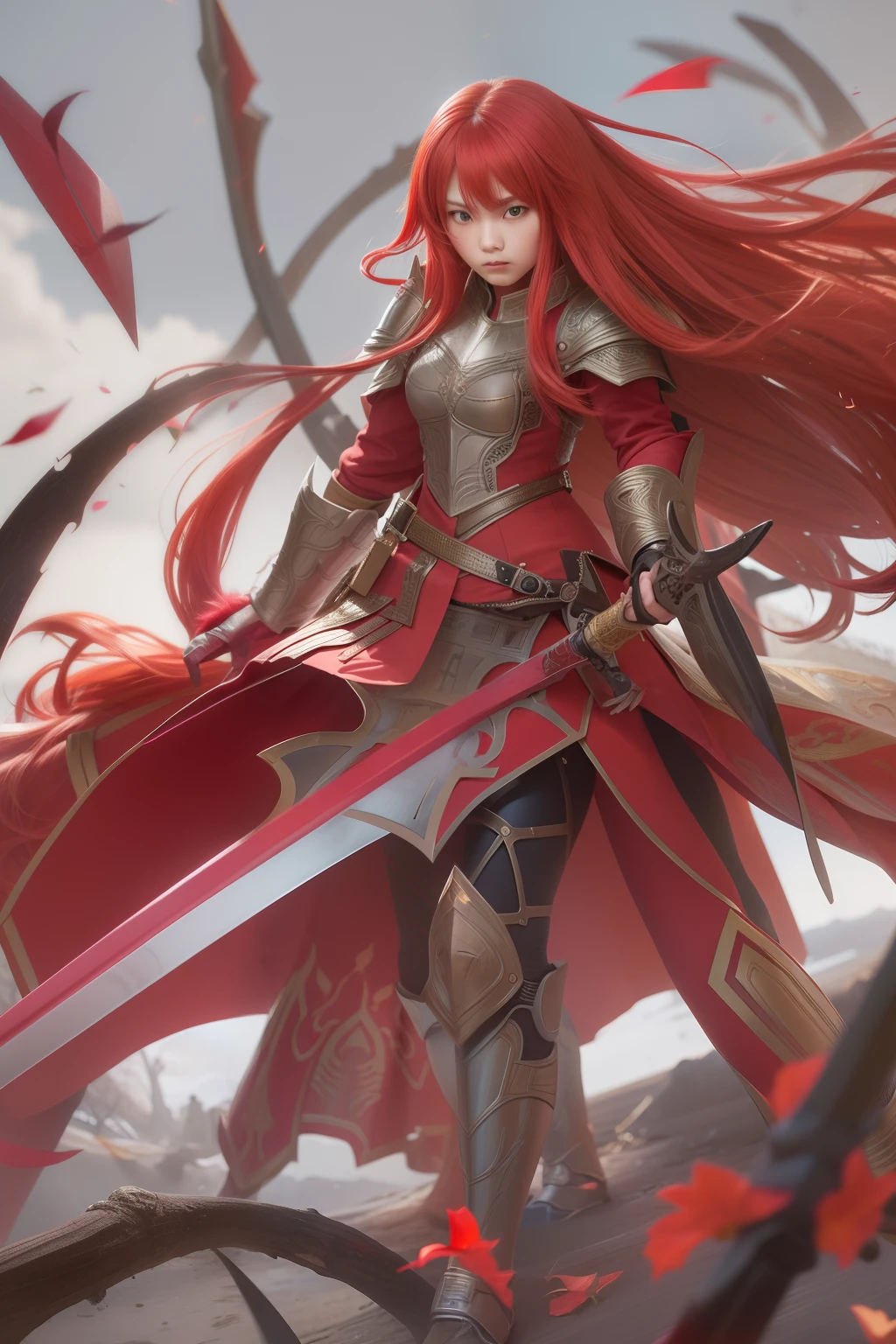 1girll, Red long-haired, Red armor, Hold a sword in hand, Fighting posture。