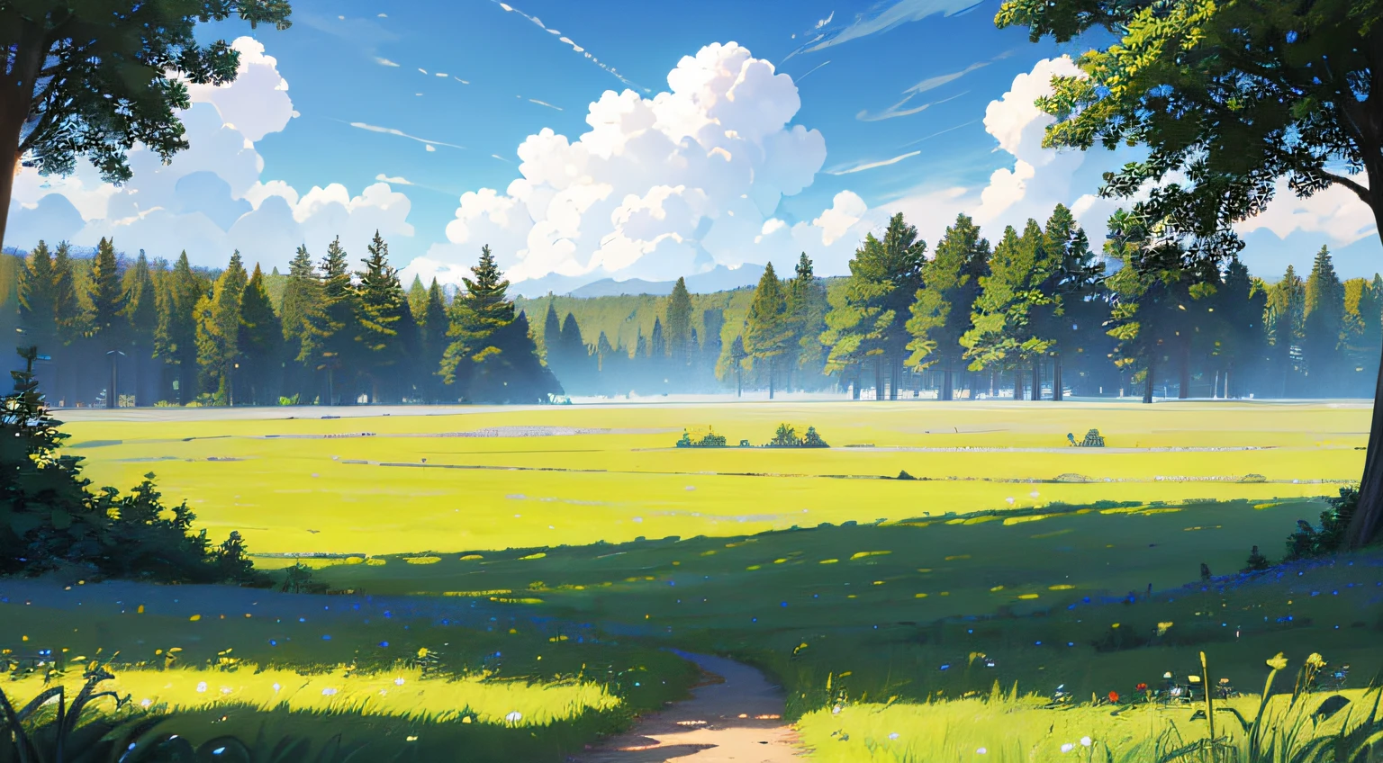 Summer prairie,grassy fields,big trees,ln the forest,florals,Large clouds,blue-sky、Hot weather、high definition detail、hyper-detailing、cinematic ligh、ultra-realistic realism、softlighting、Deep field focus bokeh、Ray traching、ultra-realistic realism、scenecy、NOhumans、large sky。