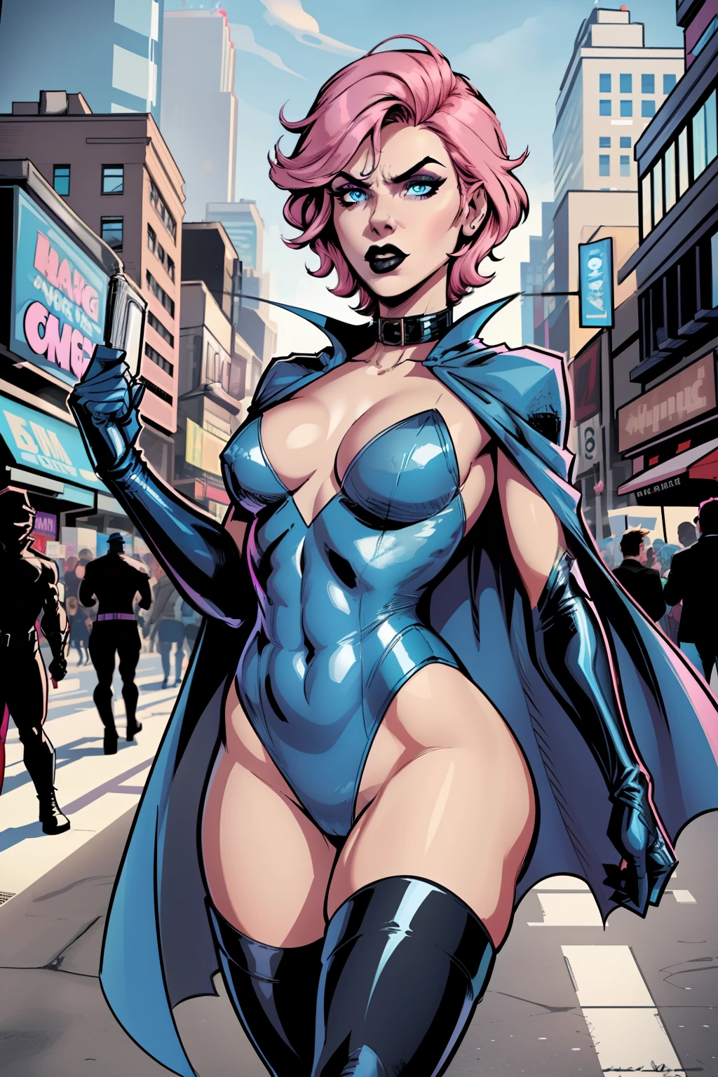 closup view of a trans woman, in middle of a crowd, protest, day time, outside, city street in background, pale blue eyes, detailed short pink hair Short Side Comb haircut, angry expression, black lipstick, small tits, wearing a blue swimsuit, blue gloves, blue tall boots, blue cape with collar, comic book style, flat shaded, prominent comic book outline linework