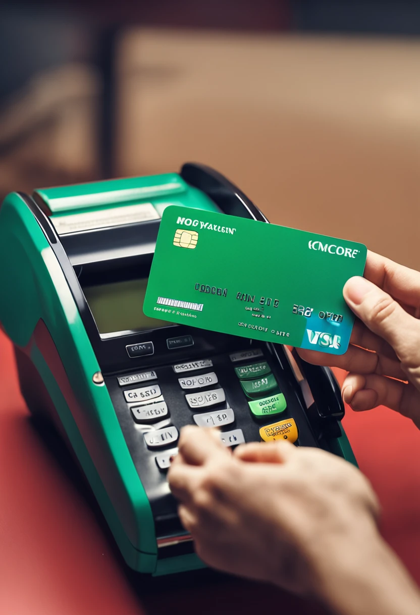 Detailed description) (melhor qualidade) just the customer's hands swiping card on a green credit card machine