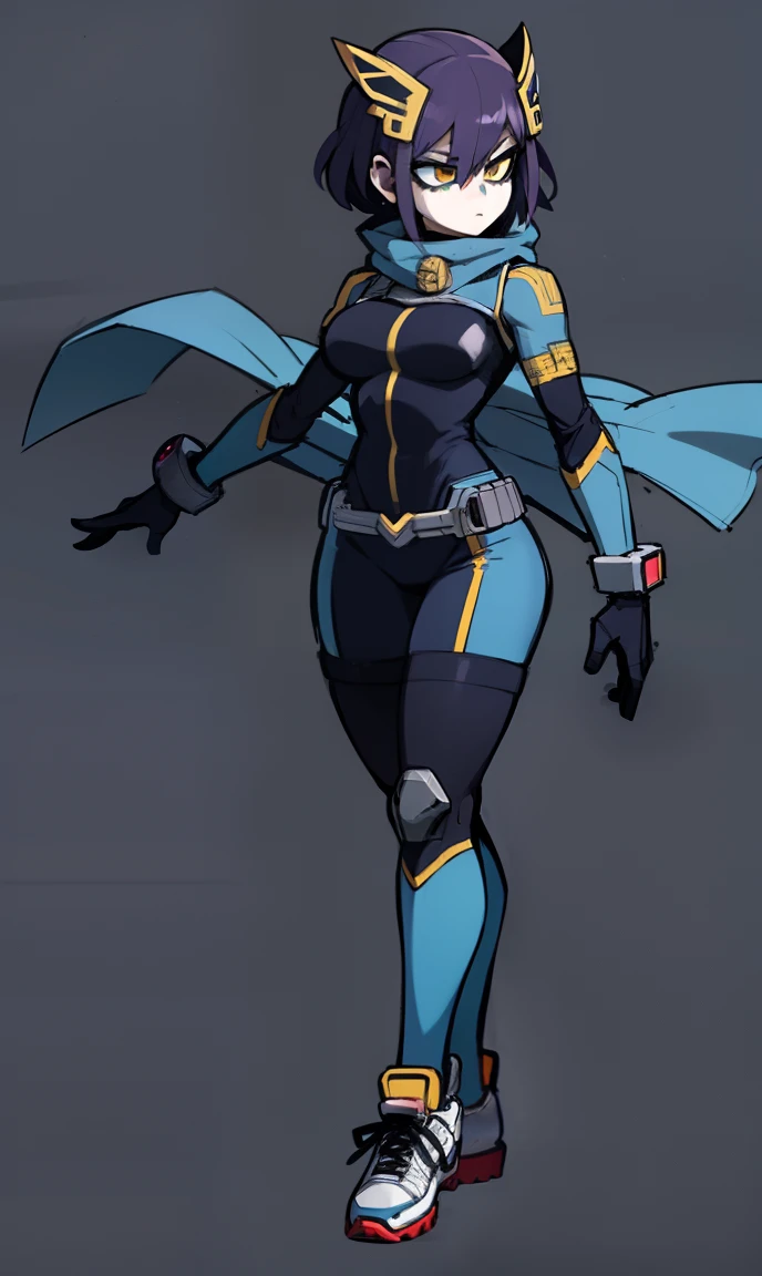 My Hero Academia style, anime Girl, female, trending on artstation pixiv, (Full body shot:0.5), wide hips, wide thighs, large breast, head covering, helmet, face covering, mask, Purple hair, short hair, yellow eyes, hero costume, full body suit, Perfect Anatomy, Super Detailed,