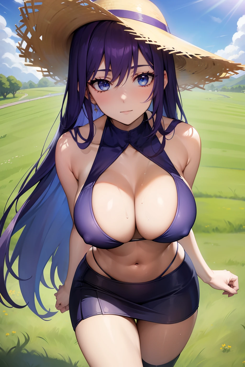 Detailed face, Long eyelashes, Detailed eyes, (blue color eyes: 1.3),largeeyes (Purple hair big breasts: 1.2),The chest is 36D,Slim, and huge hips,The chest is large,Angle from Above,grassy fields,rays of sunshine,ventania,with blue sky and white clouds,Squint,There is love in the eyes,Put your hands behind your back,walking on grass,Clean neck, Pleasant, Sweat,Wear a short shirt,Superskirt,With a straw hat,Exposed shoulders,exposing her chest,Exposing the abdomen,nabel,leges