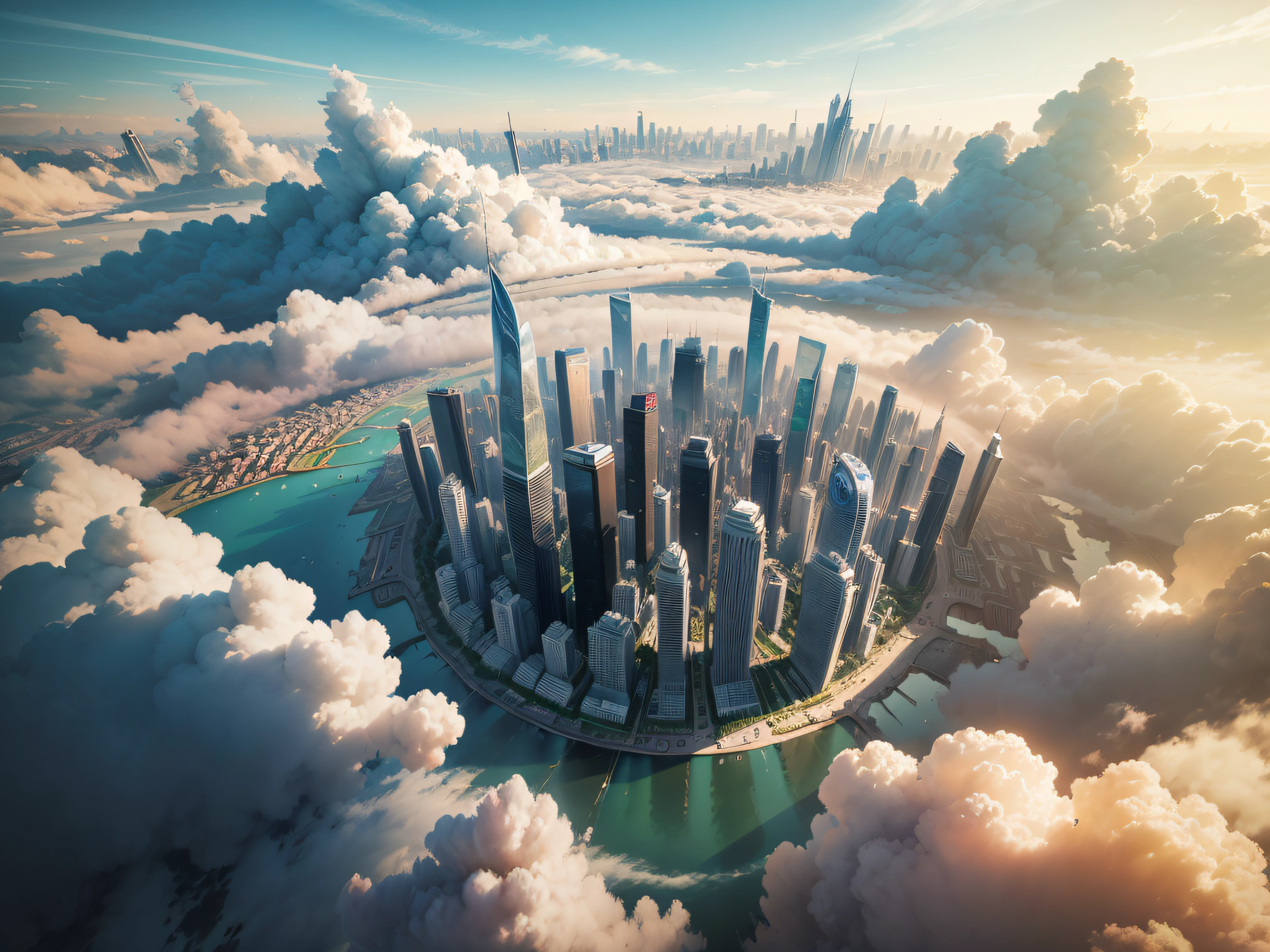 "({Masterpiece}), Impeccable quality, Stunning views of world cities and sunny natural landscapes, Use dynamic perspective and high angles,viewed from bird's-eye,Create scenes that float in the air,Above the clouds,Clouds cover the city, revealing a little bit of the city,The buildings in the city are not high"