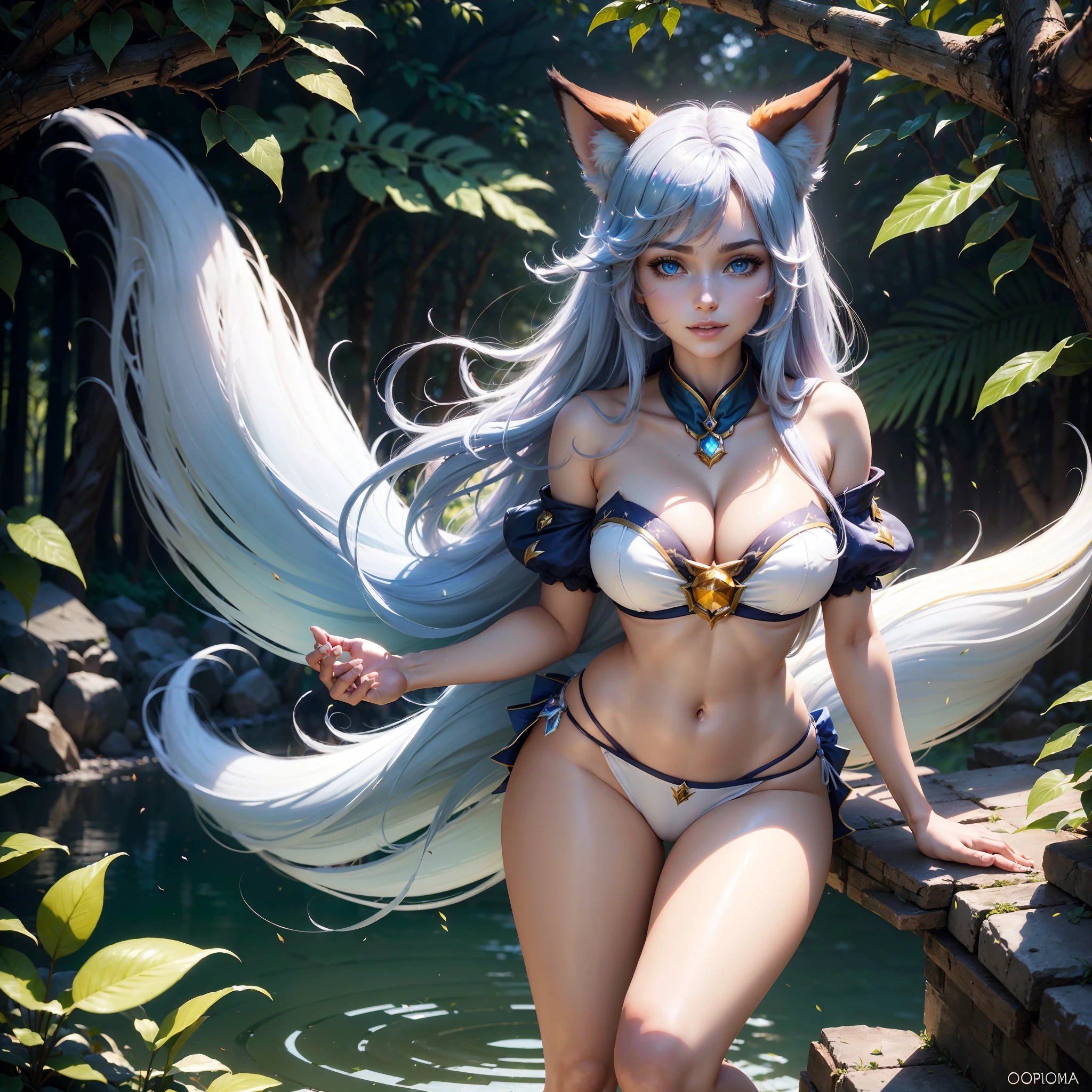 (Obra-prima, Melhor qualidade, Highres:1.4), Single person photo, Detalhado, 3D, Detalhes intrincados, 8K, 1Girl, (Solo:1.4), sexy, (Ahri \(league of legends\):1.4), Cabelo preto, Cabelo Comprido, ((Orelhas de Raposa, multiple white tails of Fox, rabos longos de raposa branca)), Orelhas Fofas, Olhos Amarelos, Olhando para o Visualizador, Marca Facial, Sorriso, Roupas da Ahri \(league of legends\), roupas nas cores branco e vermelho, Bright blue energy ball in hand, Seios Enormes, Natureza, Floresta, Grama, Plantas, rochas,