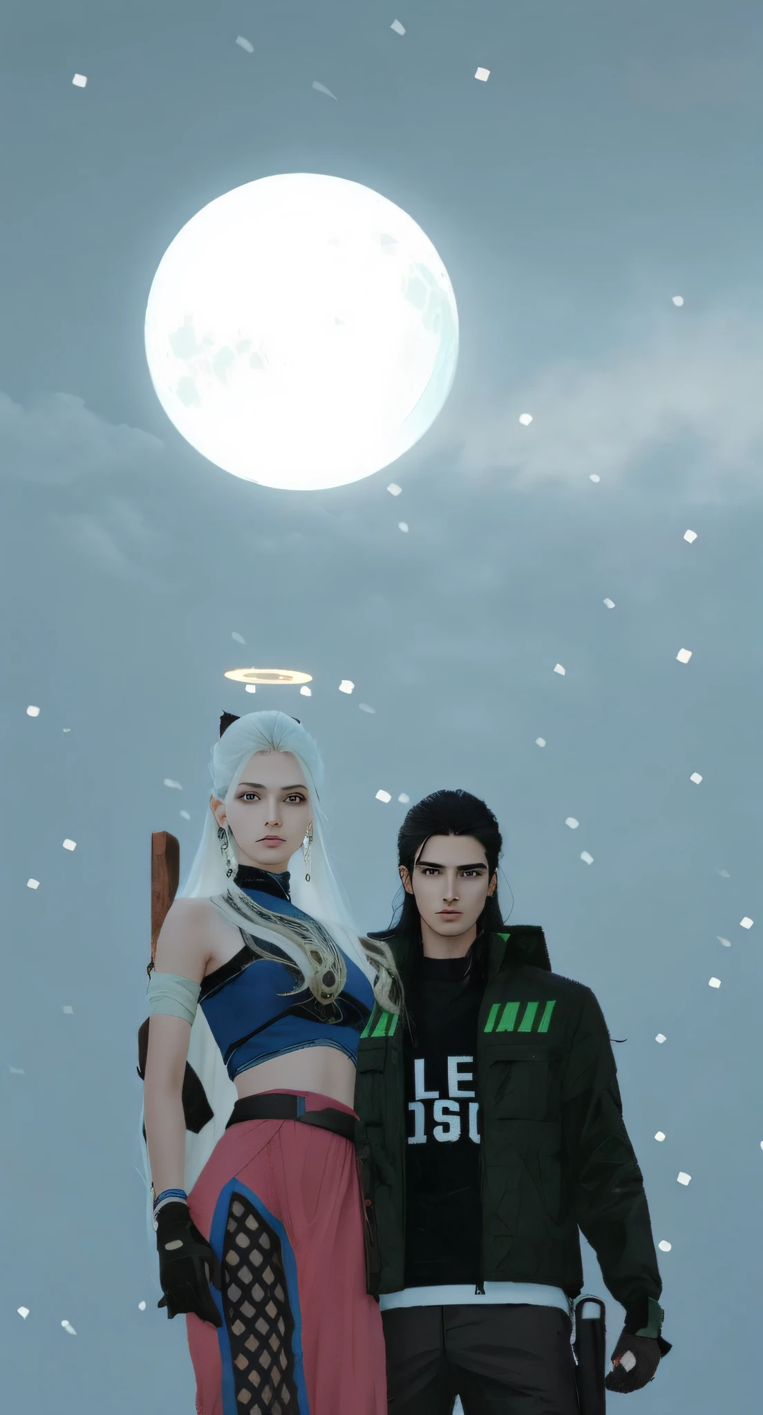 girl and boy standing with moon as a background , up scale, mature face , 22 years old, eyes look to camera, cool men long hair , hari style long slick back