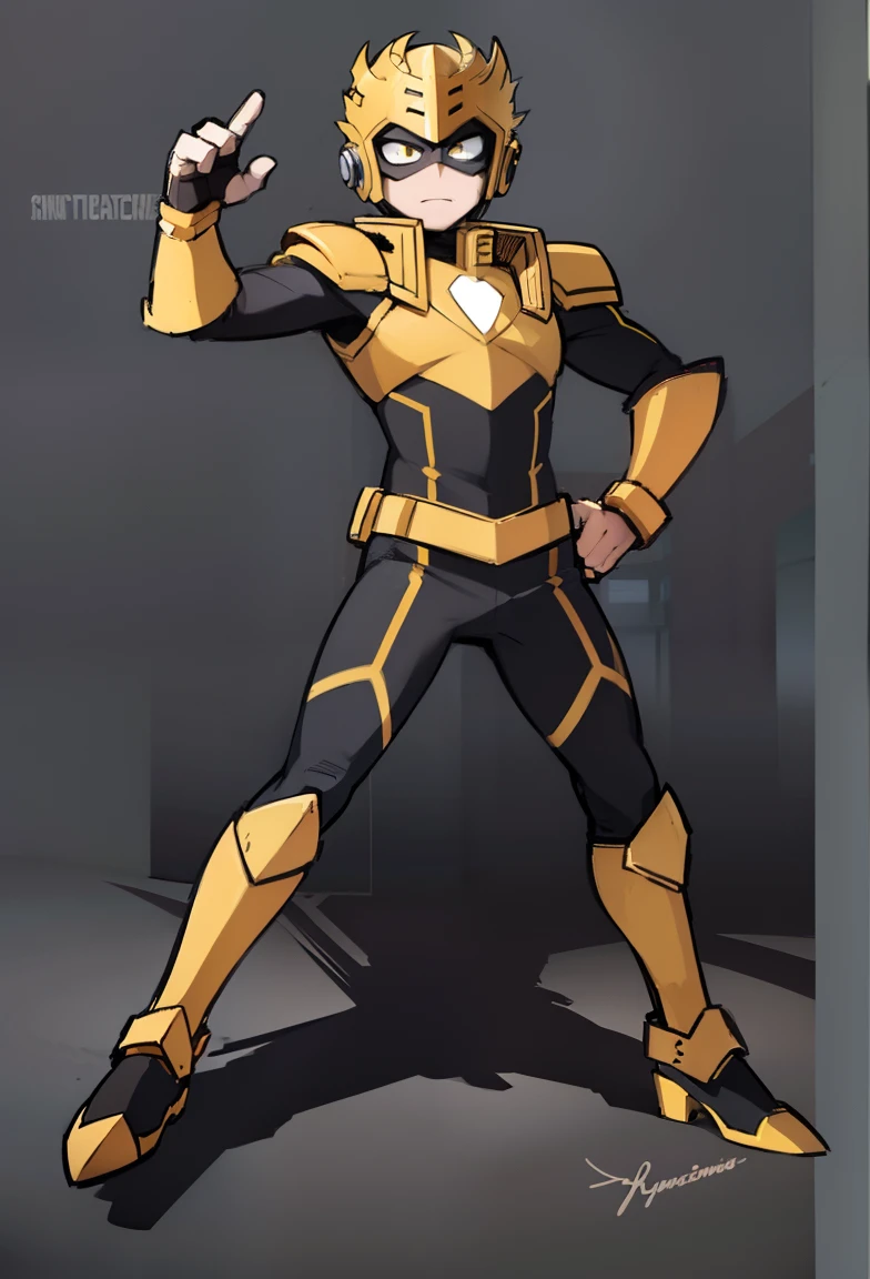 My Hero Academia style, anime boy, male, young male, trending on artstation pixiv, (Full body shot:0.5), head covering, helmet, face covering, mask, hero suit, full body suit, yellow with black suit, Perfect Anatomy, Super Detailed,