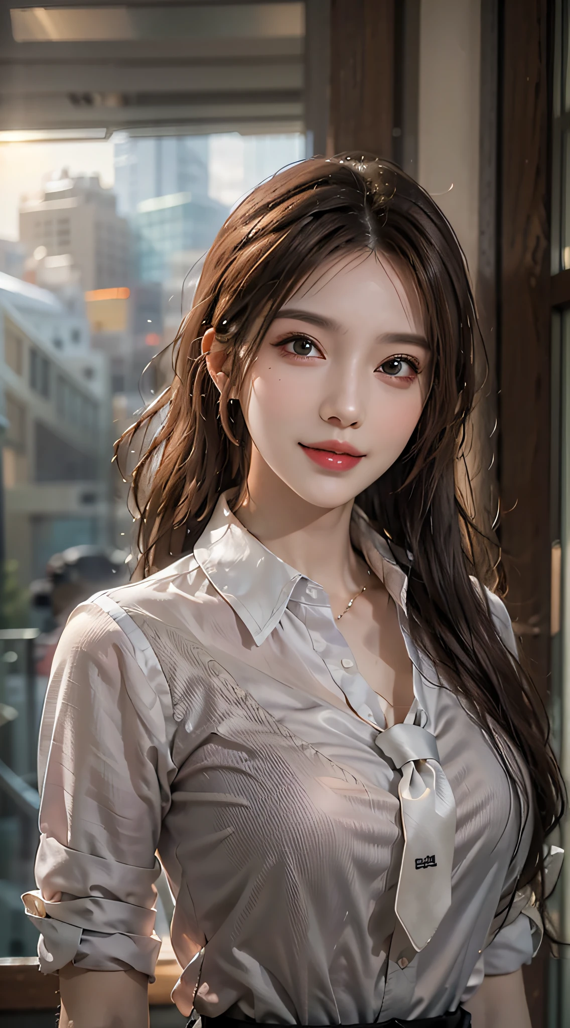 Photorealistic, high resolution, 1 Women, Solo, Full body photo, Beautiful eyes,Enchanted smile, Close lips, Detailed face, Brown hair, Long hair, Collared shirt, black necktie,Black skirt,