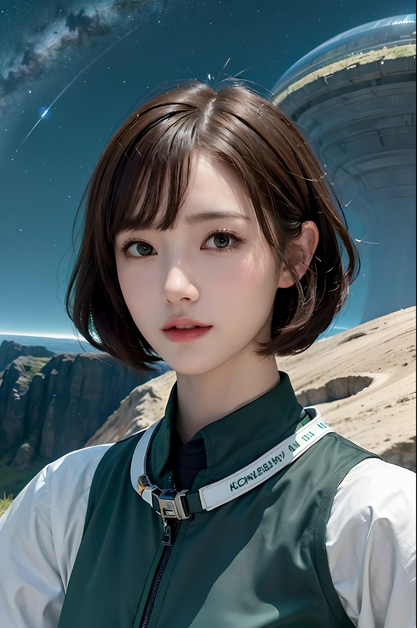 top-quality、masterpiece、超A high resolution、(realisitic:1.4)、1femele、Beautiful detail eyes and skin、ssmile、Light brown short-cut hair、Petite bust、The perfect spacesuit、spaceships、Desolate and mysterious planet、Green sky、UFOs flying in the sky、Mysterious Giant Ruins、in isekai、
