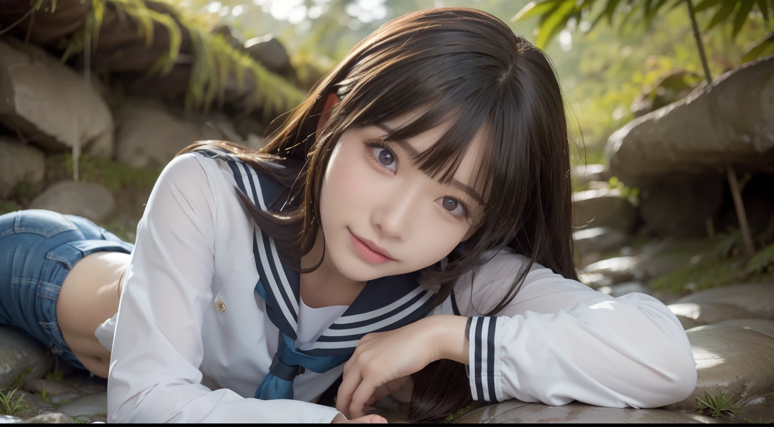 a pregirl，ssmile, looking at viewert, sailor uniformm,skintight jeans，photore, realisticlying, Best quality at best, employee，pretty eyes, 详细的脸，Lying on a large mossy stone in a bamboo forest， diffuselighting, depth of fields