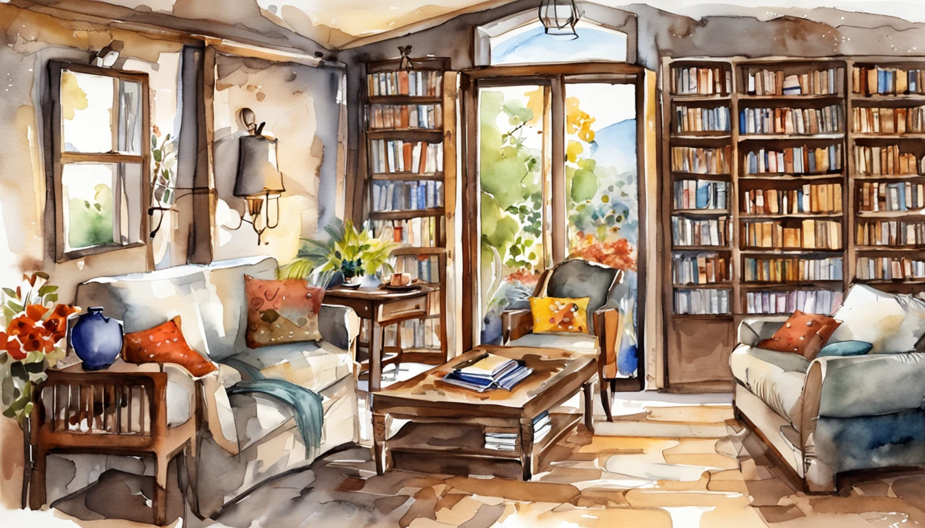 There is a living room,There are many books on the shelves, cozy cafe background, lugar aconchegante, ambiente aconchegante, designed for cozy aesthetics, arte conceitual relaxante, fundo aconchegante da casa, ambiente aconchegante, Pleasant and welcoming atmosphere, Highly detailed scenery, uma taberna multidimensional e acolhedora, ambiente acolhedor e tranquilo, fundo aconchegante da sala de estar, ambiente aconchegante, Atmoshpere aconchegante, ambientes altamente detalhados