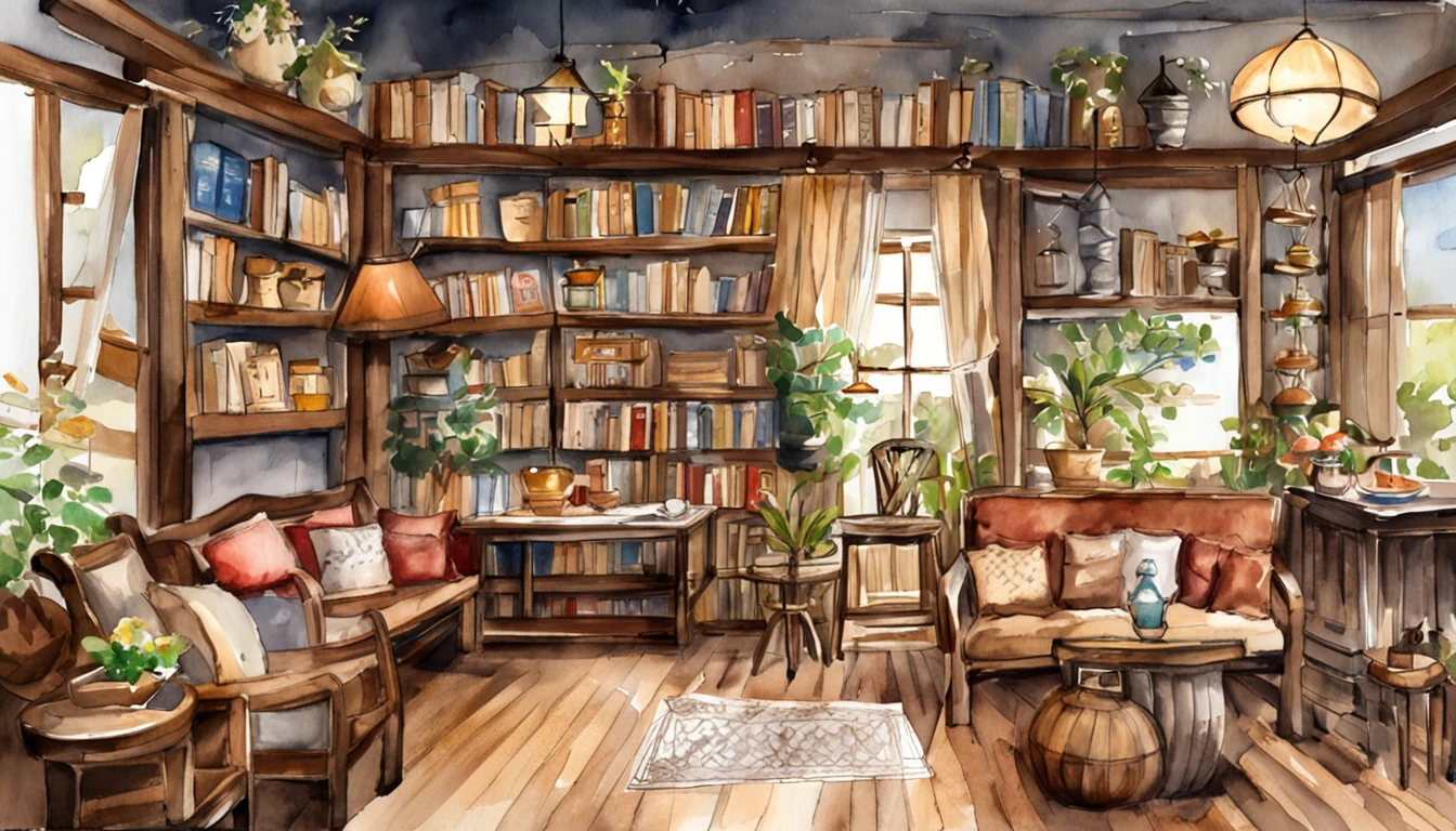 There is a living room,There are many books on the shelves, cozy cafe background, lugar aconchegante, ambiente aconchegante, designed for cozy aesthetics, arte conceitual relaxante, fundo aconchegante da casa, ambiente aconchegante, Pleasant and welcoming atmosphere, Highly detailed scenery, uma taberna multidimensional e acolhedora, ambiente acolhedor e tranquilo, fundo aconchegante da sala de estar, ambiente aconchegante, Atmoshpere aconchegante, ambientes altamente detalhados
