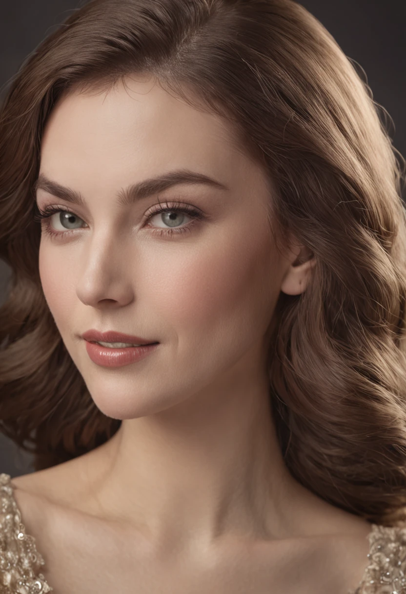 woman with long, luscious tresses, reminiscent of the glamorous stars from a bygone era. Her mesmerizing eyes hold the essence of classic Hollywood allure, and her captivating smile embodies the timeless charm of vintage beauty. She's gracefully posing for a photograph, embodying the elegance and sophistication of a golden age long past. It's a scene straight out of a vintage movie poster, evoking the nostalgia and allure of a bygone era.