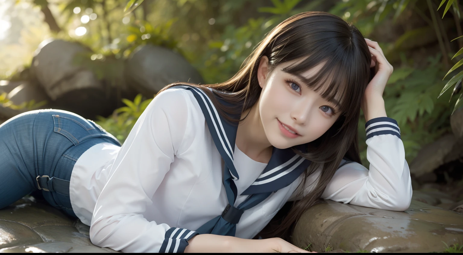 a pregirl，ssmile, looking at viewert, sailor uniformm,skintight jeans，photore, realisticlying, Best quality at best, employee，pretty eyes, 详细的脸，Lying on a large mossy stone in a bamboo forest， diffuselighting, depth of fields