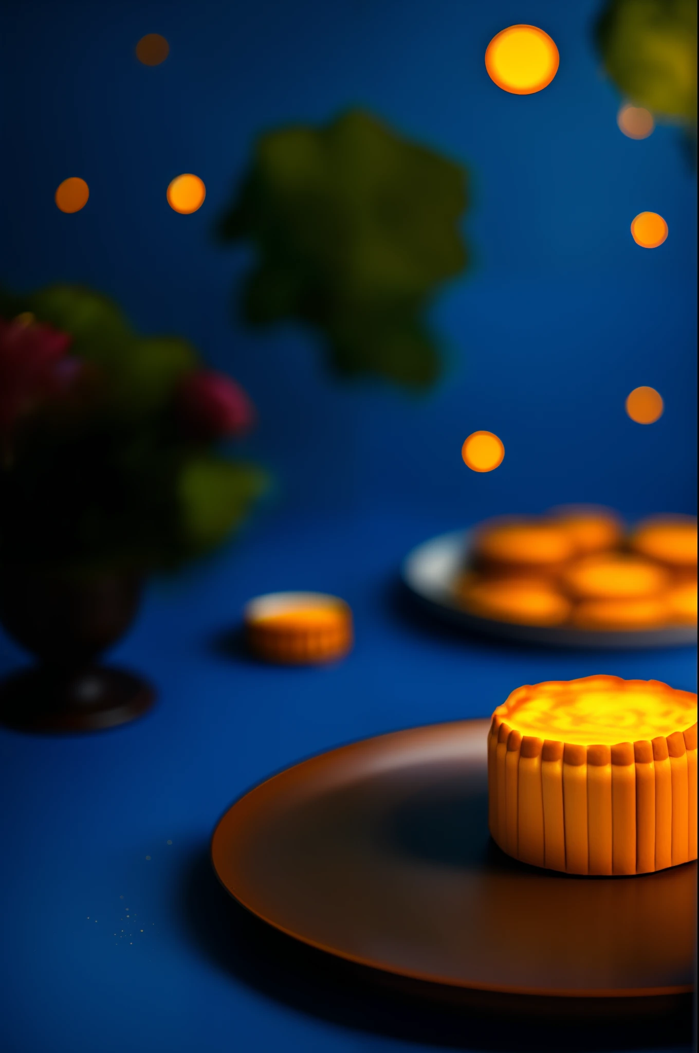 A plate of mooncakes on a round paper tube, Letter shaped moon, Starry night, Thick fog on the ground, Blue light on the horizon, Unreal Engine 5, Cinematic, low angle photography, Motion blur, Depth of field,, Hyper-detailed, Beautiful, insanely details, Intricate details, editorial photography, shot with a 50mm lens, Depth of field, Tilt Blur, Shutter speed 1/1000, f/22. Lightmaps, Super bright