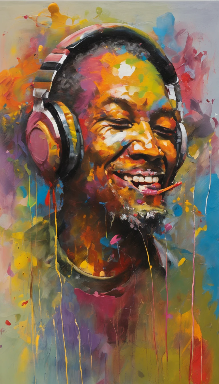 tuckism style, A smile, happy zombie wit headphones, creature model, primitive style, unconventional composition splashes of color colorful painting, HDR, Charles Thomson, Ella Guru, Joe Machine
