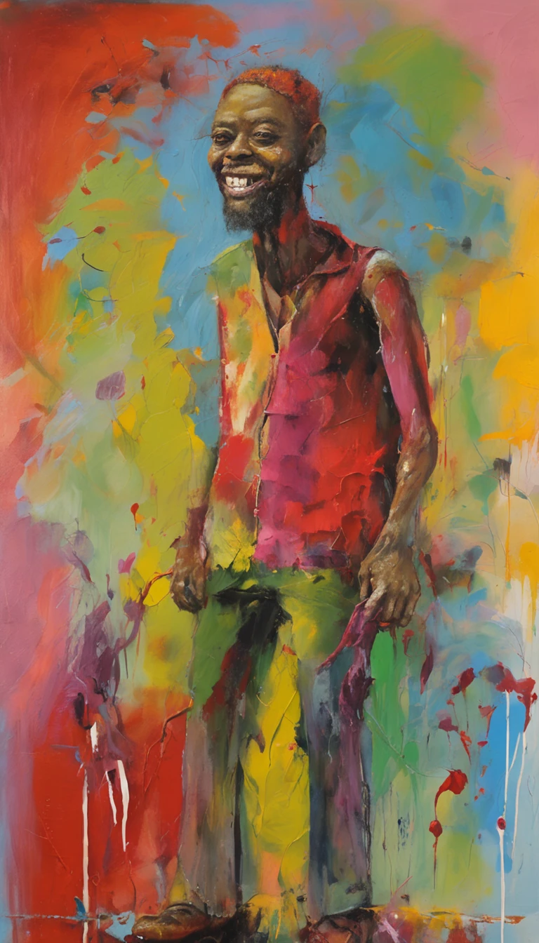 tuckism style, A smile, happy zombie wit headphones, creature model, primitive style, unconventional composition splashes of color colorful painting, HDR, Charles Thomson, Ella Guru, Joe Machine