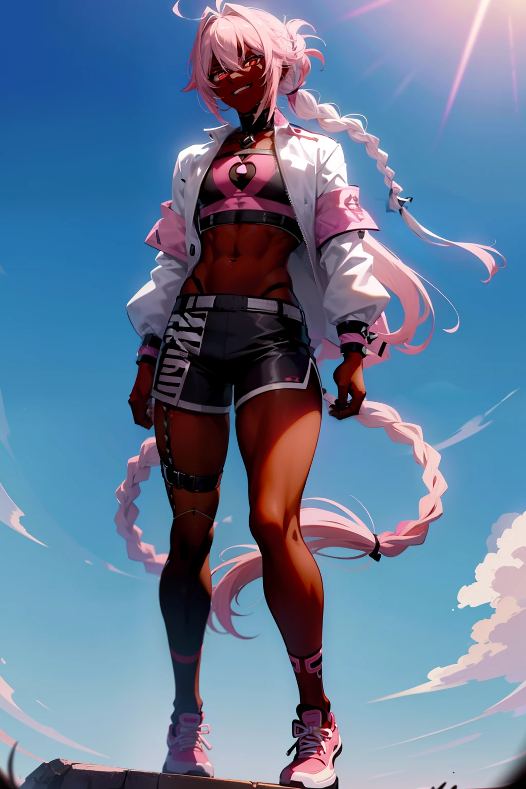 1 woman, tall, ((dark skinned woman, hair over the ears)), white hair, pink hair, colorful hair, short hair, messy hair, orange eye, (small glasses), white big shirt, (pants), black tie, sharp eye, underboob, earring like a circle, Subdued lighting, dynamic pose, perfect hand, full body,