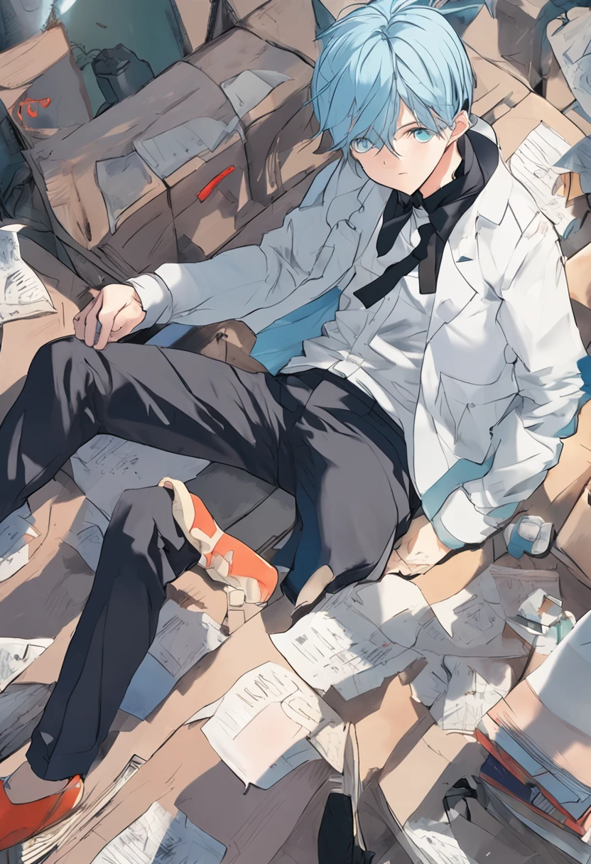 a 15 year old man, light blue hair and black eyes, wears an american school uniform, behind him appears a shadow that seems to be consuming him, cheer up. anime, novel cover, book cover