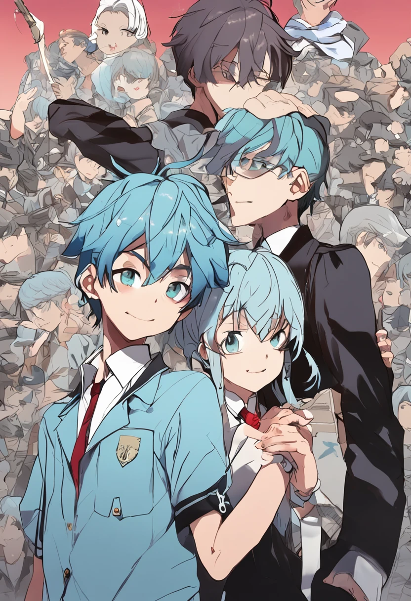 a 15 year old man, light blue hair and black eyes, wears an american school uniform, behind him appears a shadow that seems to be consuming him, cheer up. anime, novel cover, book cover