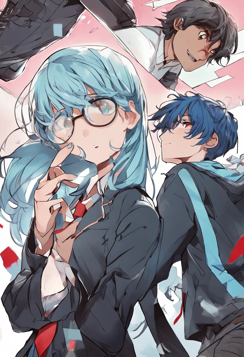 a 15 year old man, light blue hair and black eyes, wears an american school uniform, behind him appears a shadow that seems to be consuming him, cheer up. anime, novel cover, book cover