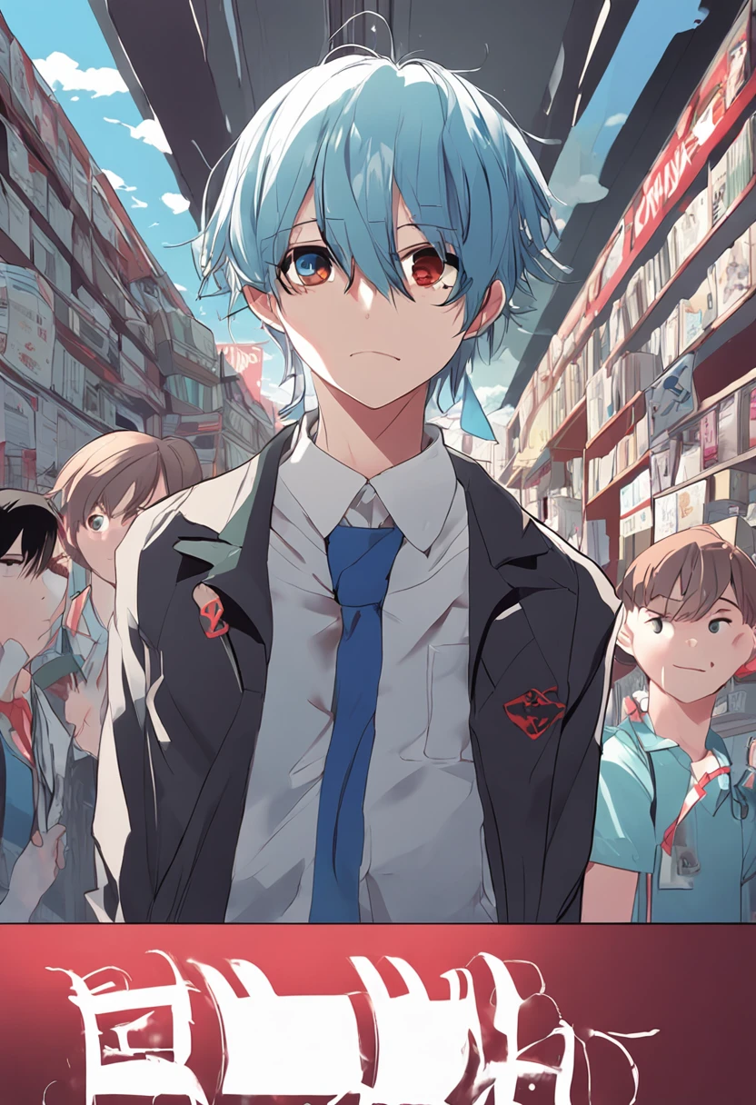 a 15 year old man, light blue hair and black eyes, wears an american school uniform, behind him appears a shadow that seems to be consuming him, cheer up. anime, novel cover, book cover