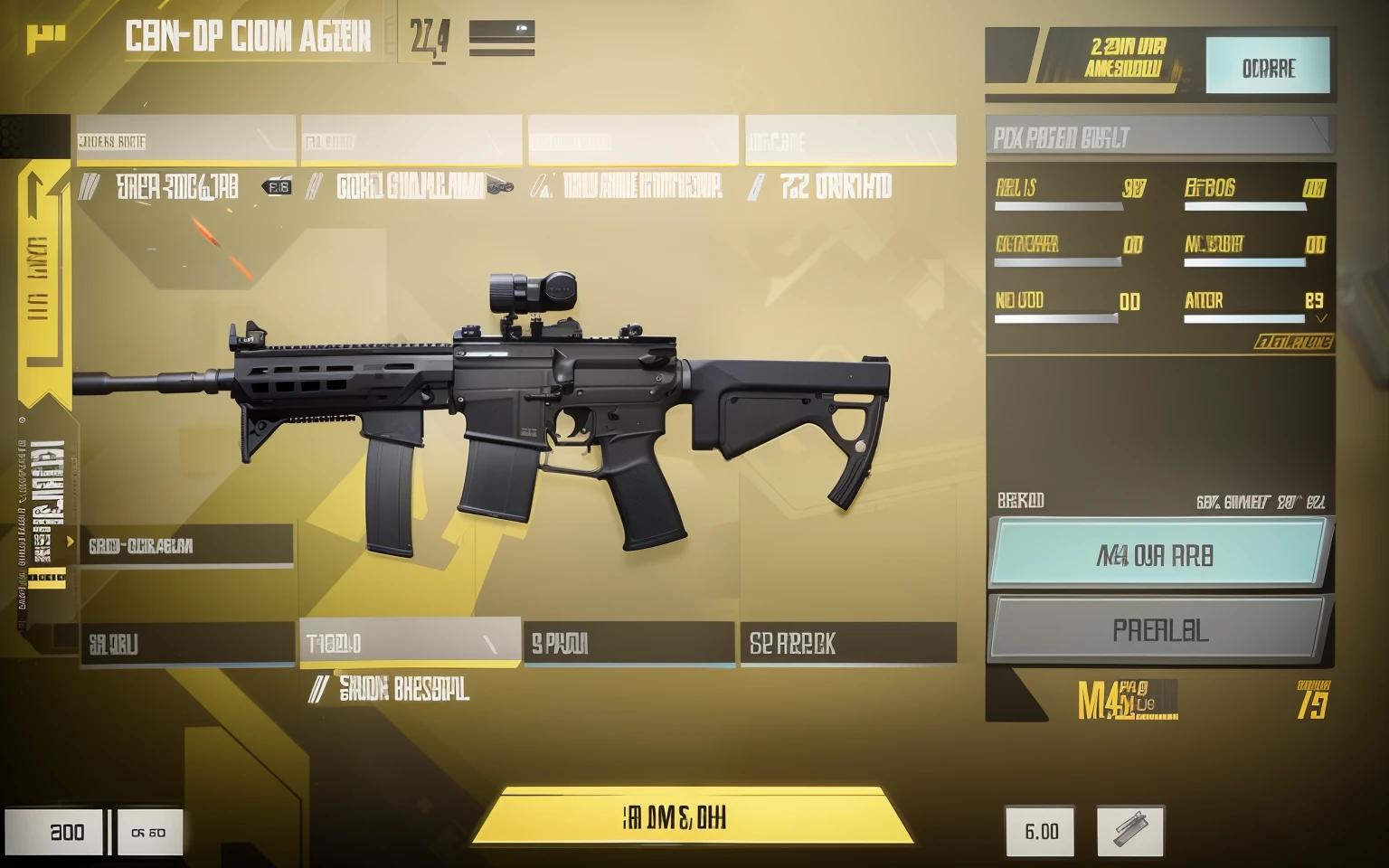 A close-up of a gun，There is a lot of information on it, SMG, yellow battlefield theme, m4 sopmod ii girls frontline, holding pdw, in-game, in - game, ui card, nipple play, C4 explosives, ingame image, octane], assault rifle, in game, realistic weapons, iridescent technology and weapon, corner assault rifle