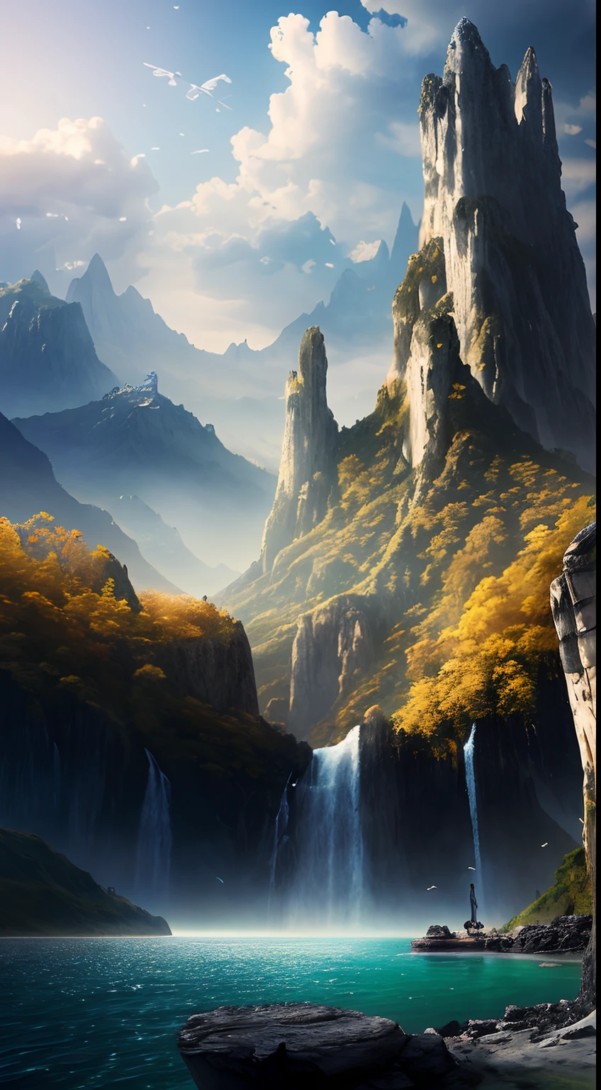 Masterpiece, best quality, high quality, extremely detailed CG unity 8k wallpaper, landscape, outdoor, sky, clouds, sky, no humans, mountain, landscape, water, tree, blue sky, waterfall, cliff, nature, lake, river , cloudy skies, award winning photography, bokeh, depth of field, HDR, bloom, chromatic aberration, photorealism, very detailed, trending on artstation, trending on CGsociety, intricate, high detail, dramatic, half way art