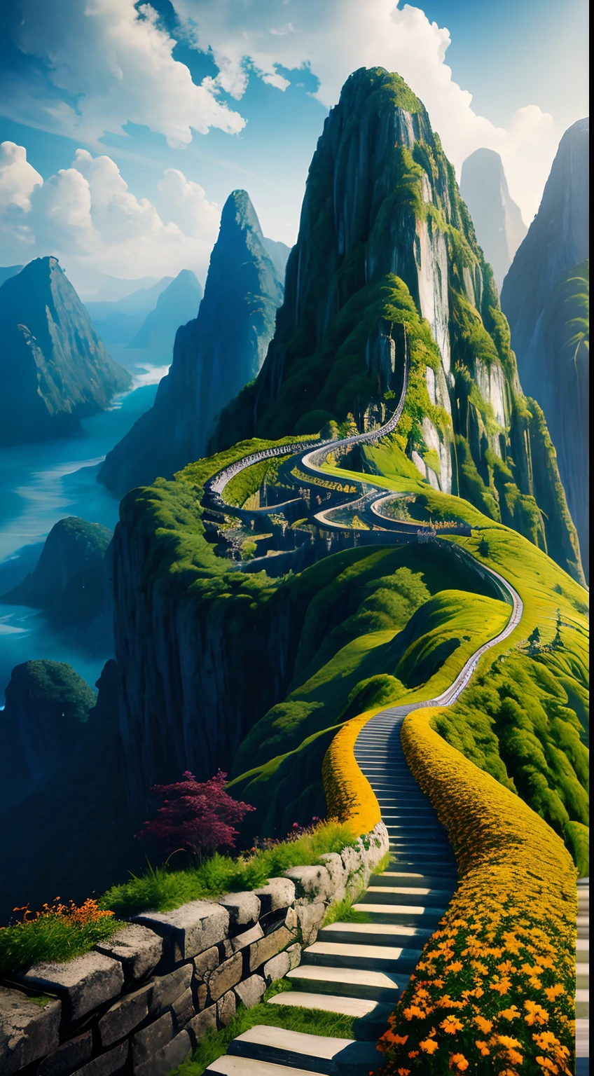 Masterpiece, best quality, high quality, extremely detailed CG unity 8k wallpaper, landscape, outdoor, sky, clouds, sky, no humans, mountain, landscape, water, tree, blue sky, waterfall, cliff, nature, lake, river , cloudy skies, award winning photography, bokeh, depth of field, HDR, bloom, chromatic aberration, photorealism, very detailed, trending on artstation, trending on CGsociety, intricate, high detail, dramatic, half way art