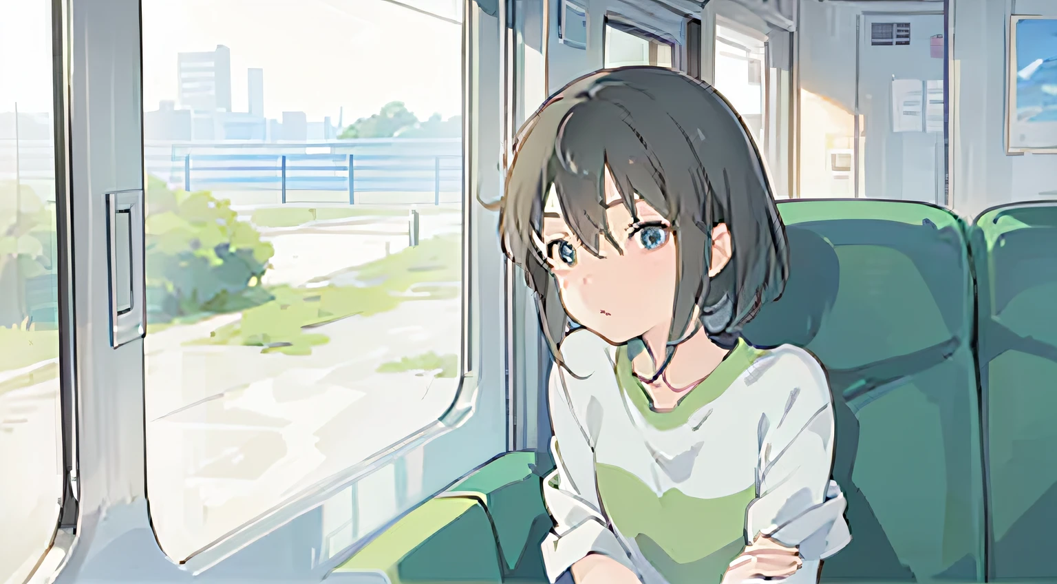 Anime girl sitting on train looking out window, ( ( By Shinkai Makoto ) ), makoto shinkai art style, in the style of makoto shinkai, Shinkai Makoto style, By Shinkai Makoto!, By Shinkai Makoto!!, By Shinkai Makoto. a digital rendering, distant!!, By Shinkai Makoto. - H 2160