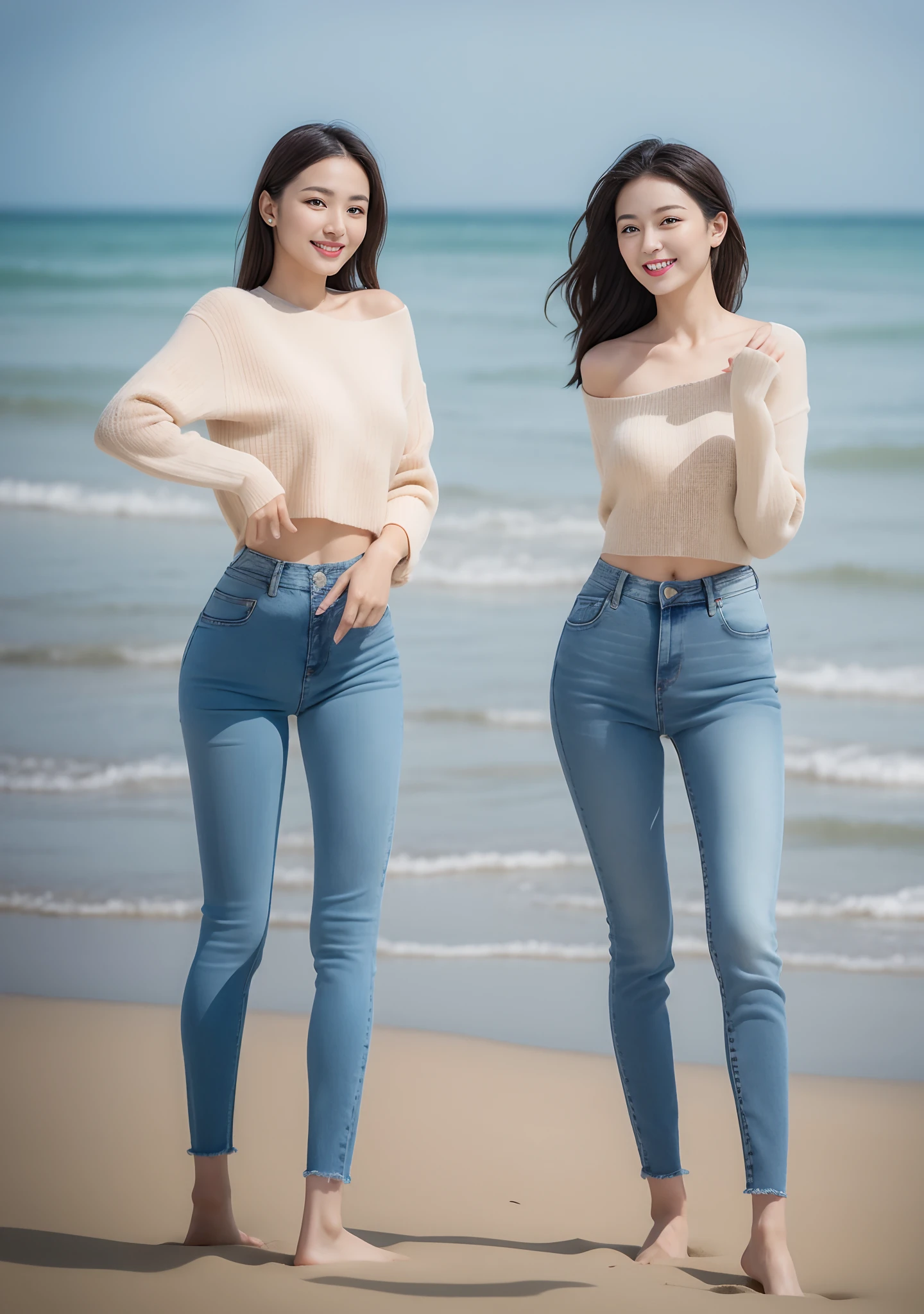 Woman in jeans on the beach，Practice yoga movements（graceful movements），Full body shooting:1.8（RAW photogr，超高分辨率，8K,HD,tmasterpiece，best qualtiy），Complicated details， 20 years old Asian woman，Women wearing smoked gray cropped anxiety tight sweater（Slim fit，Fit snugly to the body）and trendy jeans with open navels，Realistic and detailed costumes，Detailed beach，A sweet smile appeared on the little face，The face is white and tender，skin lightening，Ultra-realistic facial details，Beautiful accessories，White skin and beautiful appearance，The skin is as fat as jade，The face is delicate and watery，Playful and coquettish pose，The calves are straight and slender:1.5，Wear high-end branded travel shoes:1.5，eventide，warm color，Broad lighting，naturalshadow，taking a full body photo:1.8